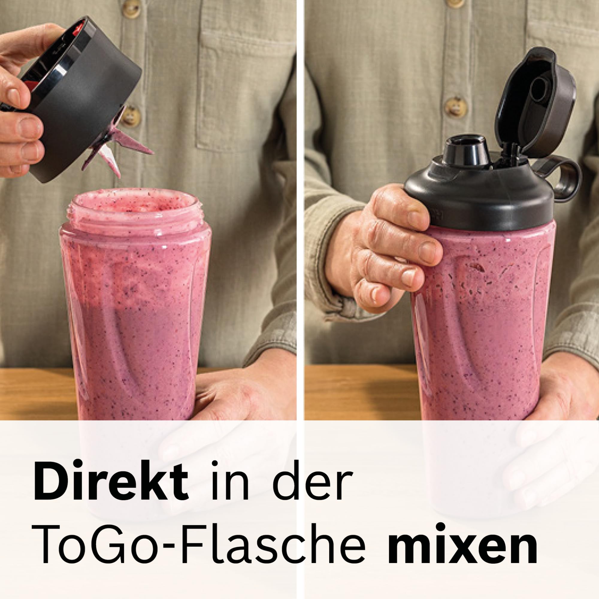 Bosch Zubehör Set MMZBTK1B aus ToGo-Flasche und Messer, für Küchenmaschine OptiMUM/Serie 6 / Serie 8, Standmixer VitaPower Serie 4 / Serie 2, 600 ml, bruchsicher, mit Deckel, spülmaschinenfest