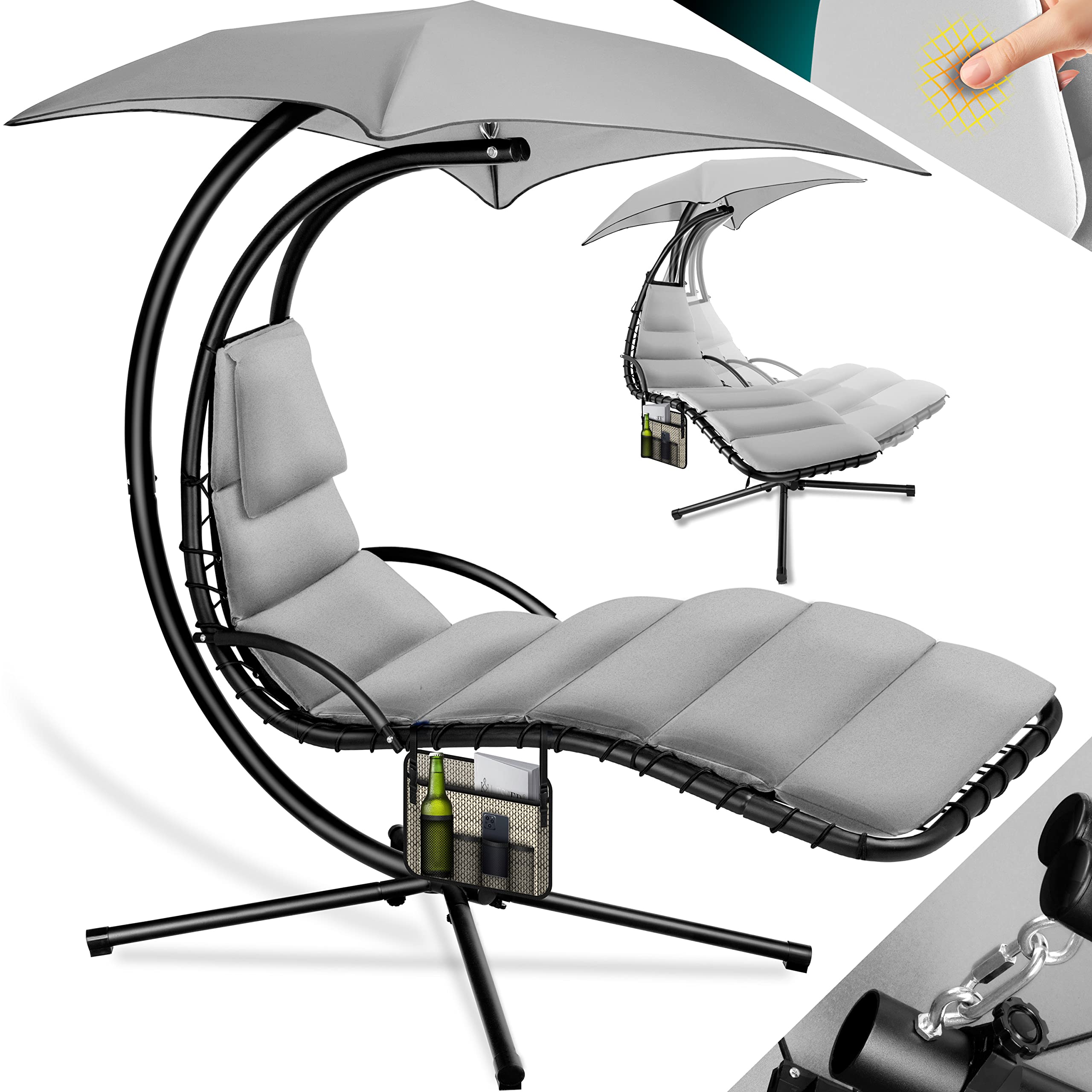KESSER® Tumbona Flotante con Sombrilla | Hamaca Colgante Solar H200, L194, A100 cm | Reclinable Capacidad hasta 120 kg | Tumbona de Balanceo con Cojines y Almohada, Incluye Bolsa, Gris