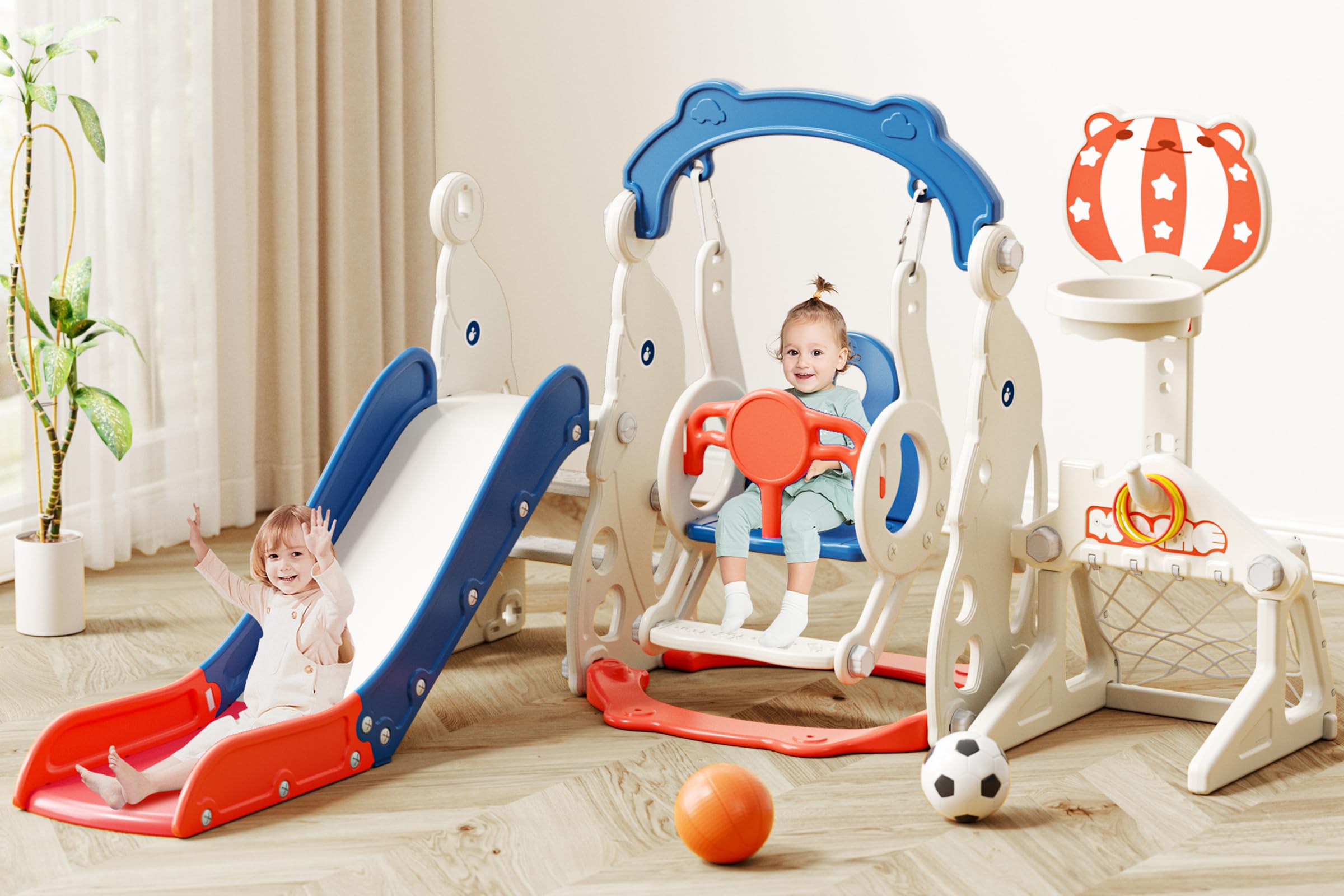 67i 6 in 1 Toddler Baby Swing and Slide Set - Sand/Water Fillable Base Anti-Tip, Adjustable Basketball Hoop, Easy Assembly, Compact Indoor Outdoor Age