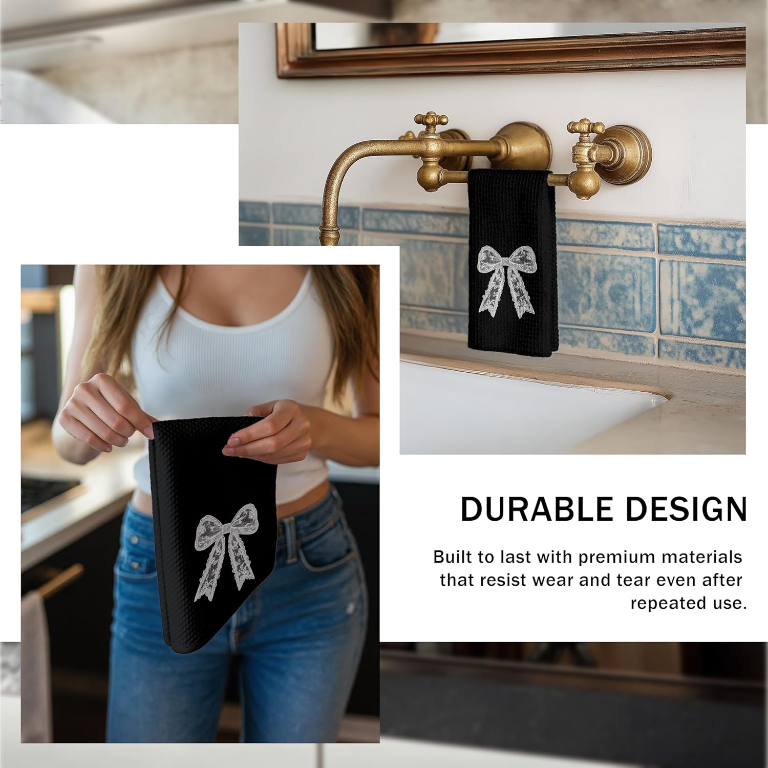 Coquette Lace Bow Print Kitchen Towels, Black and White Lace Bow Print Dish Tea Towels for Kitchen, Girly Aesthetic Hand Towels for Bathroom, Coquette Bathroom Decor, 16x24 Inch - Image 3