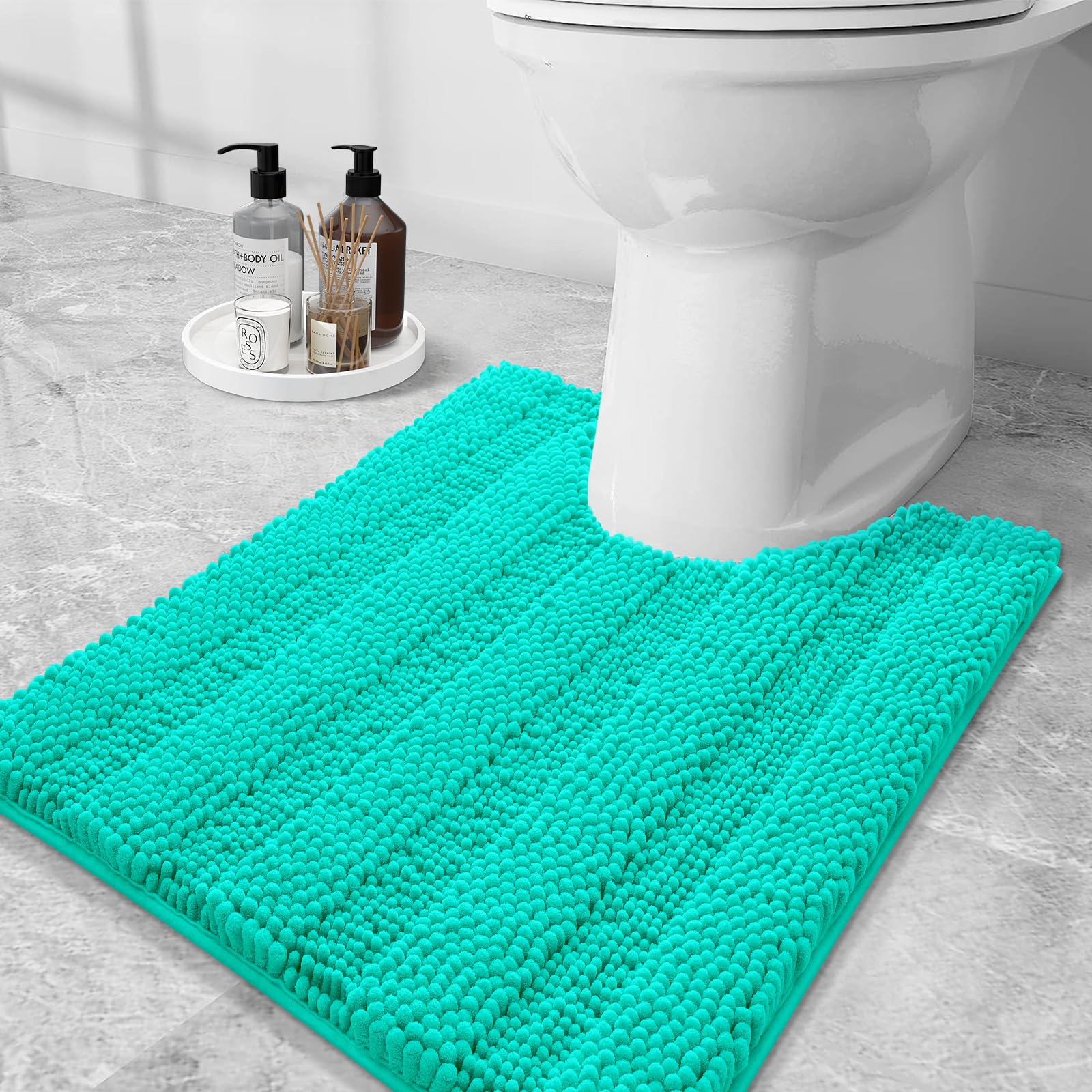 Grandaily Chenille Toilet Rugs U-Shaped 24x20, Soft Bath Mats, Teal