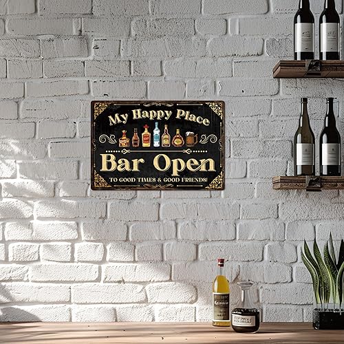 Miniatura 7 de Putuo Decor Letrero de barra para el hogar, letrero de metal retro, con texto en inglés My Happy Place Bar Open, 12 x 8 pulgadas