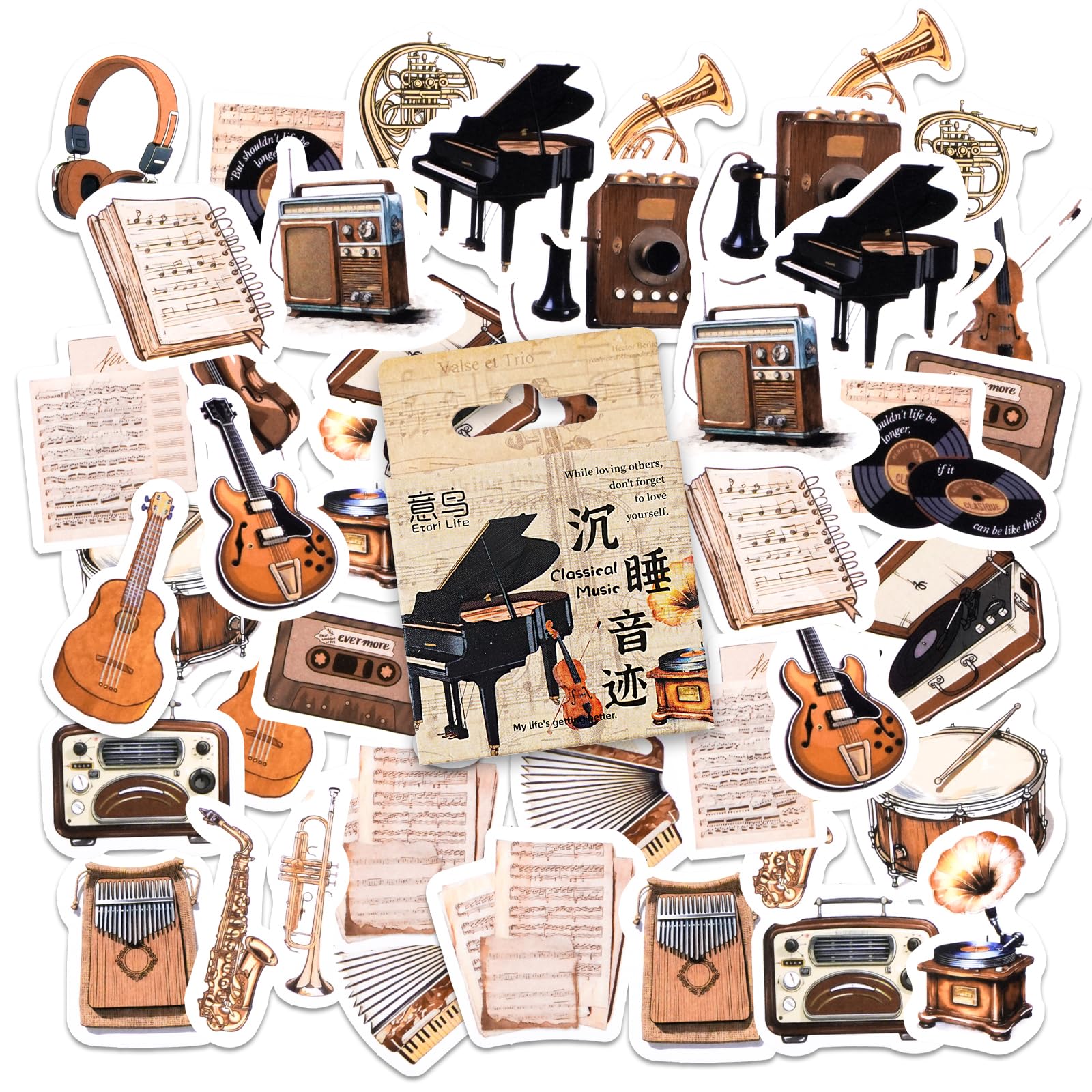 46PCS Musical Instrument Stickers,Vintage Musical Theme Stickers for Children Teens Adults Travel Case Laptop, Planners