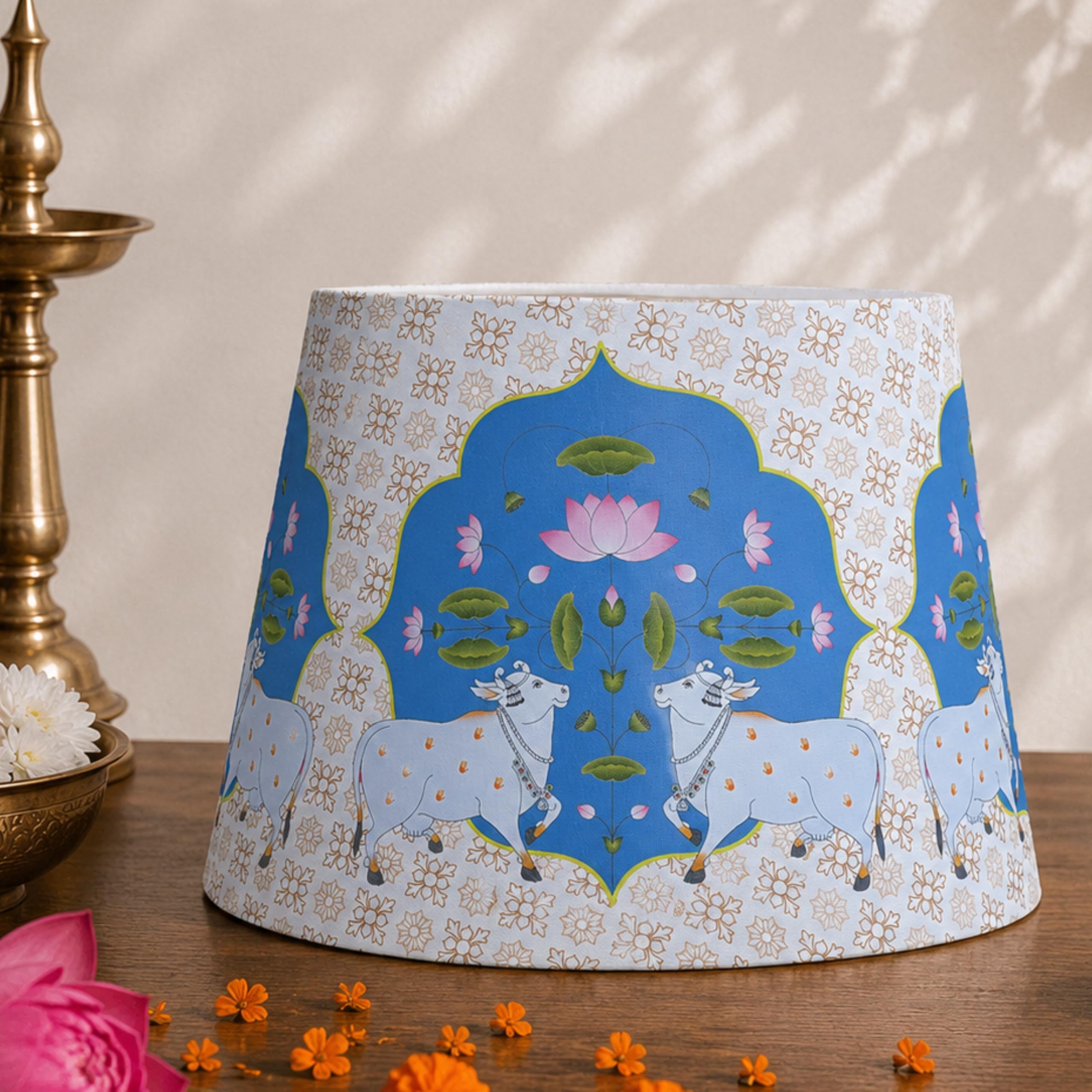 RHAA Pichwai Art Conical Lampshade|Small sized Lampshade 10inches for Table Lamps|Made with Premium Water resistant Canvas fabric|Superior light diffusion (Small)-image-6