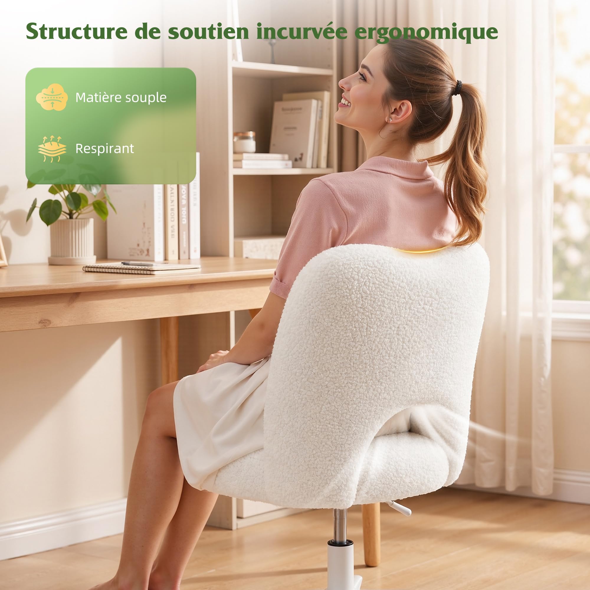 Chaise de Bureau en Roues, Chaise de Maquillage en Peluche Respirante, Chaise de Bureau Réglable en Hauteur, Chaise Pivotante pour Chambre, Salon, en Cadeau pour la Famille, 200kg, Blanc