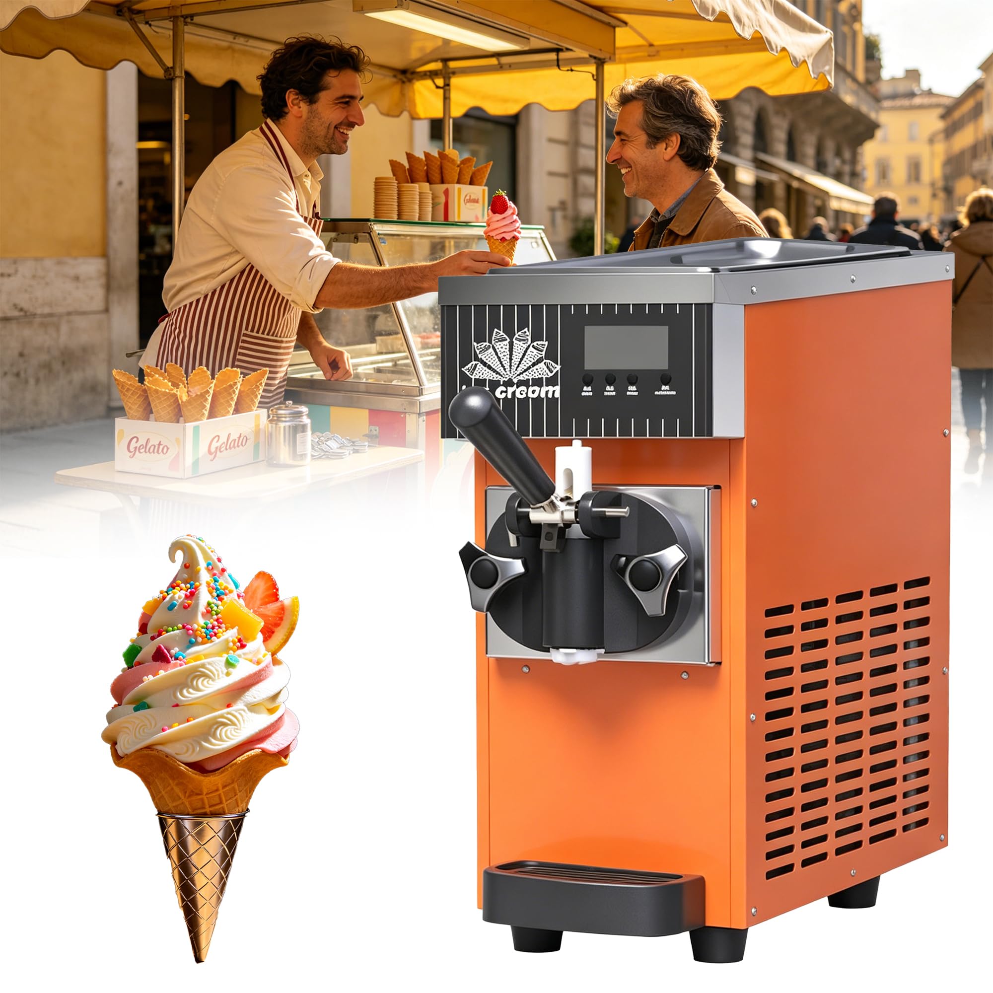 Máquina De Helados Profesional, 450W/750W Heladera Soft Serve con Cubeta De 1L, Limpieza Automática Y Panel LCD, Rendimiento 4-5 Kg/H para Bares Restaurantes, Cafeterías