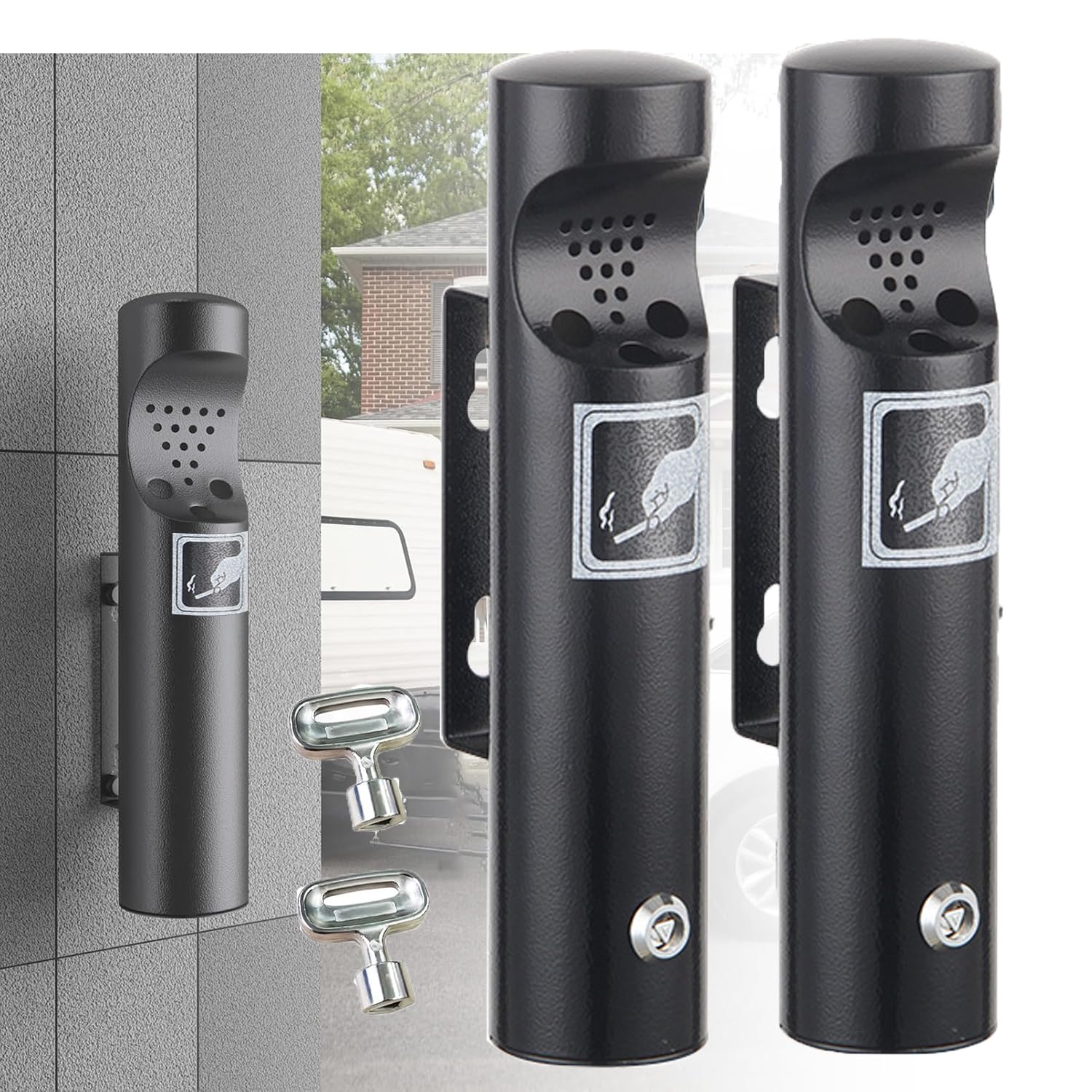 2 Pièces Cendrier Exterieur Mural, Poubelle Murale en Acier Inoxydable, Étanche Tubulaire Cendrierpublic pour Terrasse avec Serrure, Pour Terrasse, Pub, Bar, Bureau, Hôtel, Noir