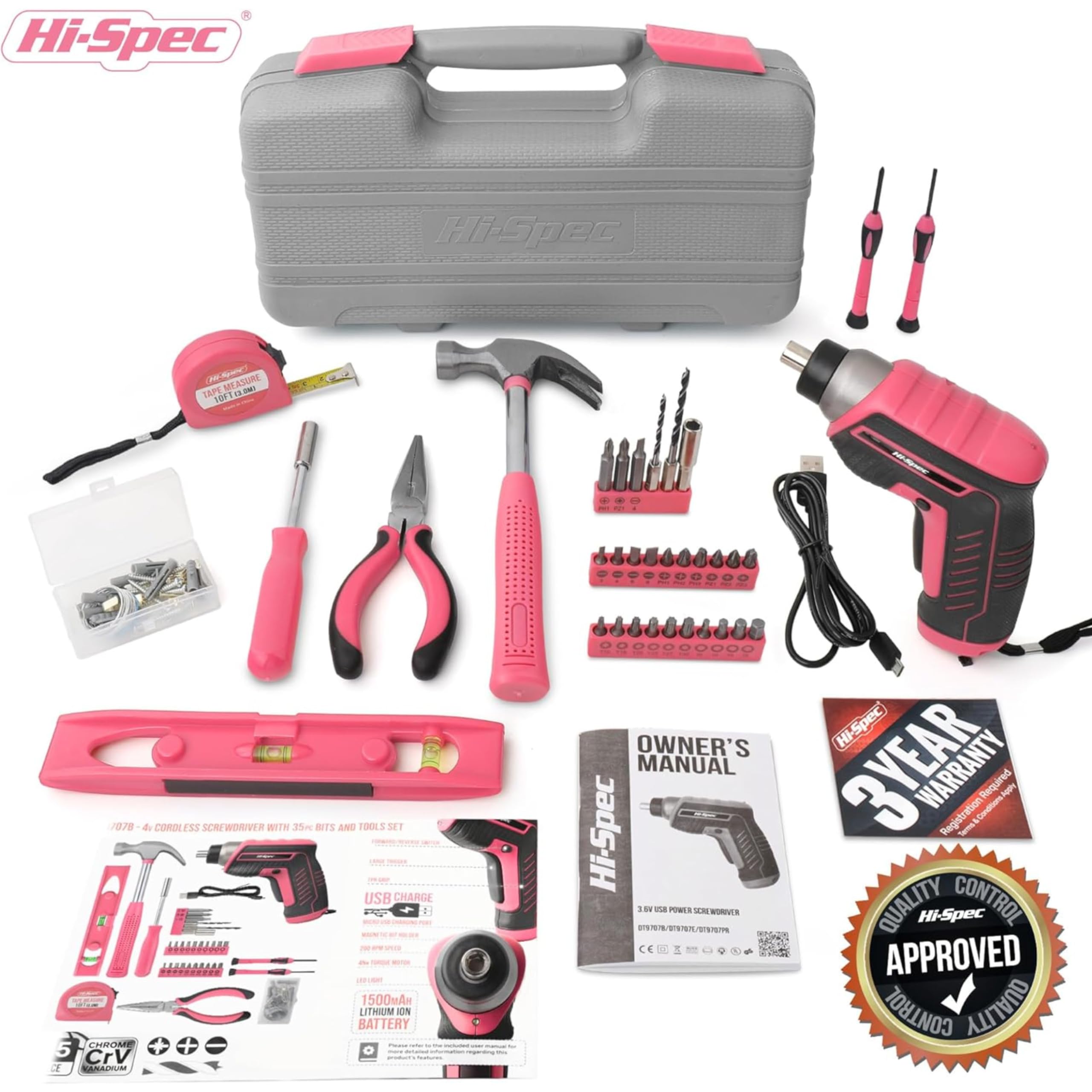 Hi-Spec Avvitatore Elettrico 3.6V USB, Kit Riparazioni Domestiche, Rosa | montaggi e riparazioni più rapidi, controllo facile e uso intuitivo, design leggero per lavorare senza fatica, 35 pc