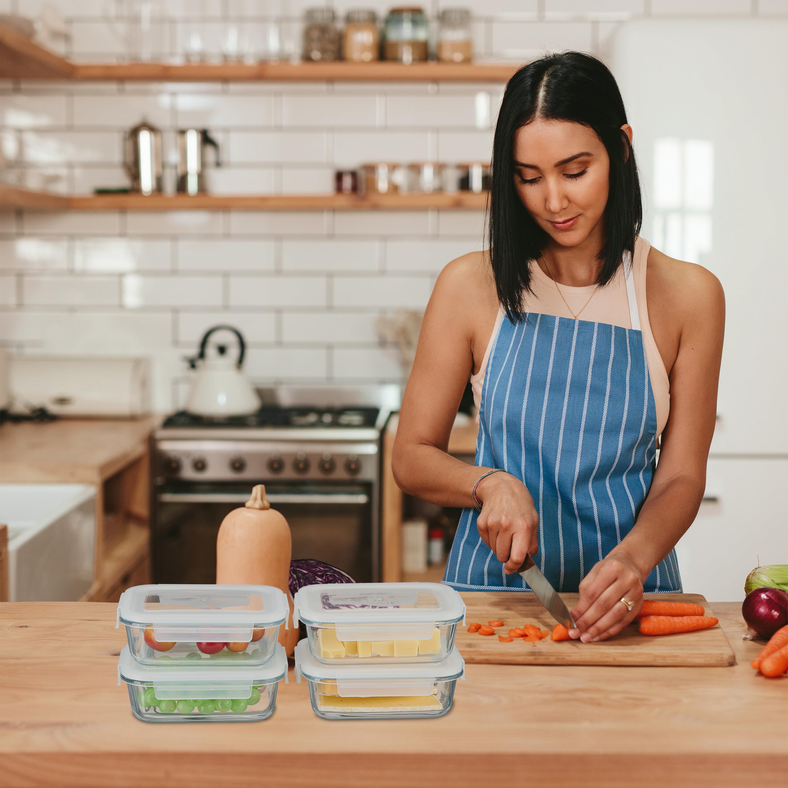 Relaxdays Contenitore per Alimenti con Coperchio Ermetico, Set da 4 Vaschette da 640 ml, Scatole Meal Prep, Trasparente