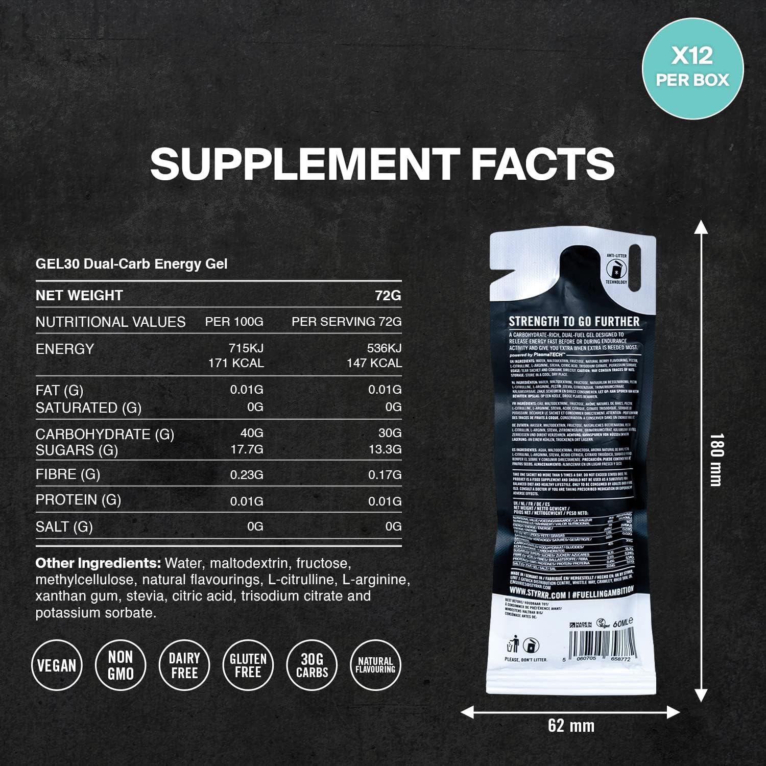 Energy Gels by Styrkr Pack of 12 Energy Gels for Cycling & Running