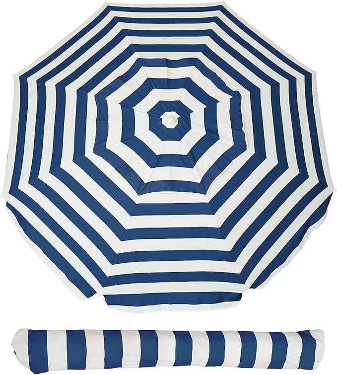 AMMSUN 6.5ft Portable Beach Umbrella for Sand with air vent Tilt Pole, Carry Bag UV 50+ Protection Outdoor Umbrellas Windproof for Patio Garden Beach Pool Backyard Navy Stripe