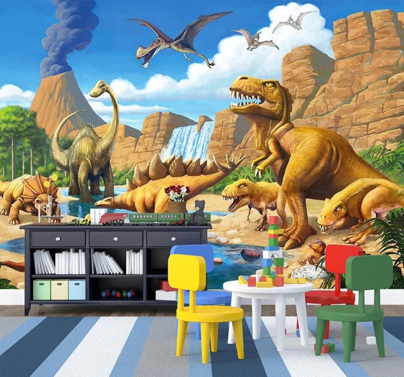 XLMING Cartoon Dinosaurs Landscapes Waterfalls Scenery 3D Wallpaper Luxury Home Dining Decor Paste Sofa Living Room The Wall for Bedroom Mural-400cm×280cm