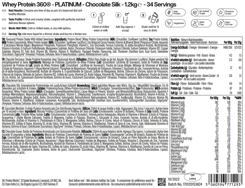 Protein Works | Whey Protein 360 - Platinum, Chocolat Onctueux, 1.2kg | Whey Protéine en Poudre Avancé, Electrolytes, Oméga 3, Probiotiques, Enzymes Digestives, 26 Vitamines & Minéraux, 34 Portions