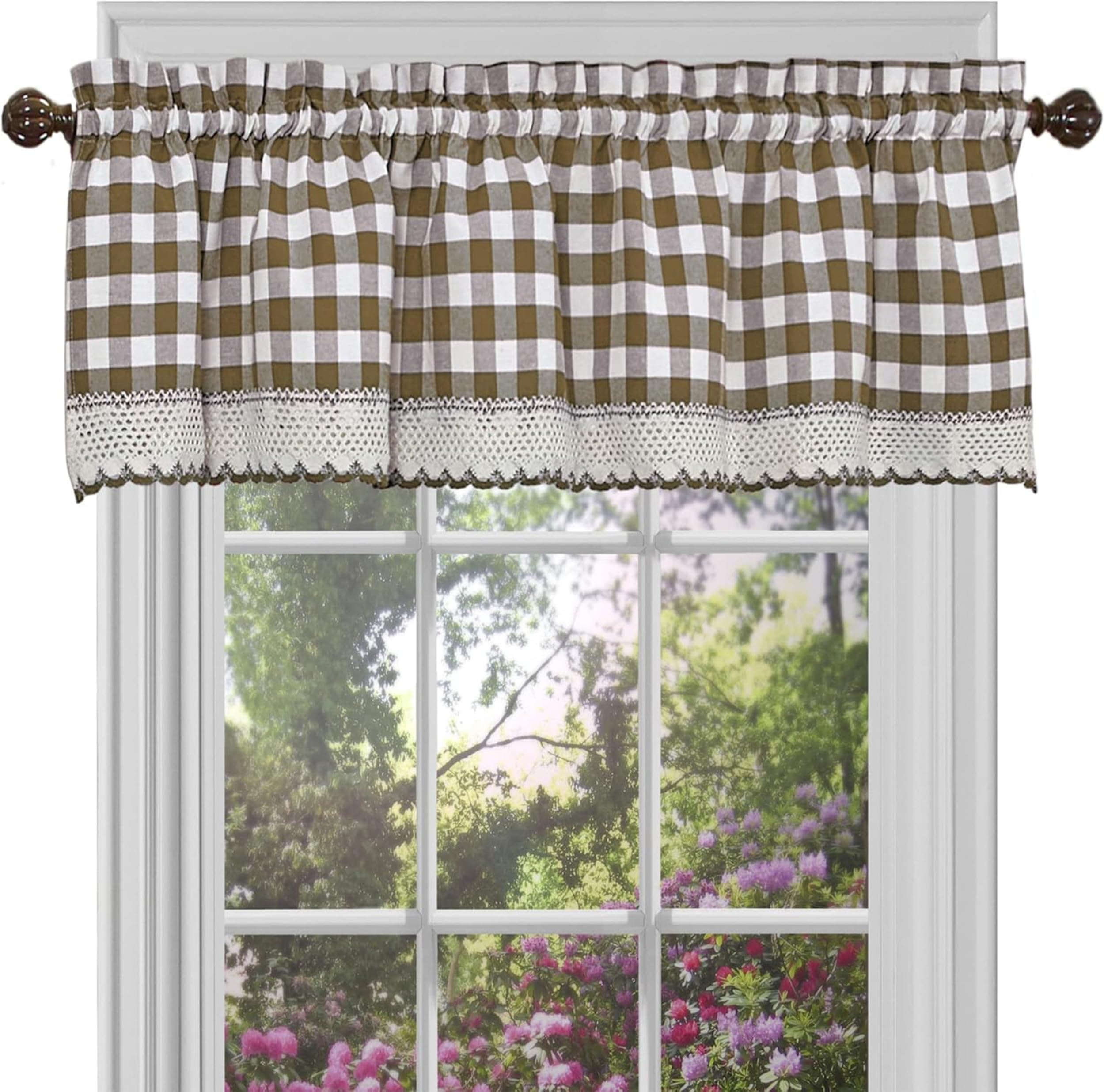 Buffalo Check Valance Window Curtains - 58 Inch Width, 14 Inch Length - Taupe Brown & Ivory White Plaid - Light Filtering Farmhouse Country Drapes for Bedroom Living & Dining Room Home Decor