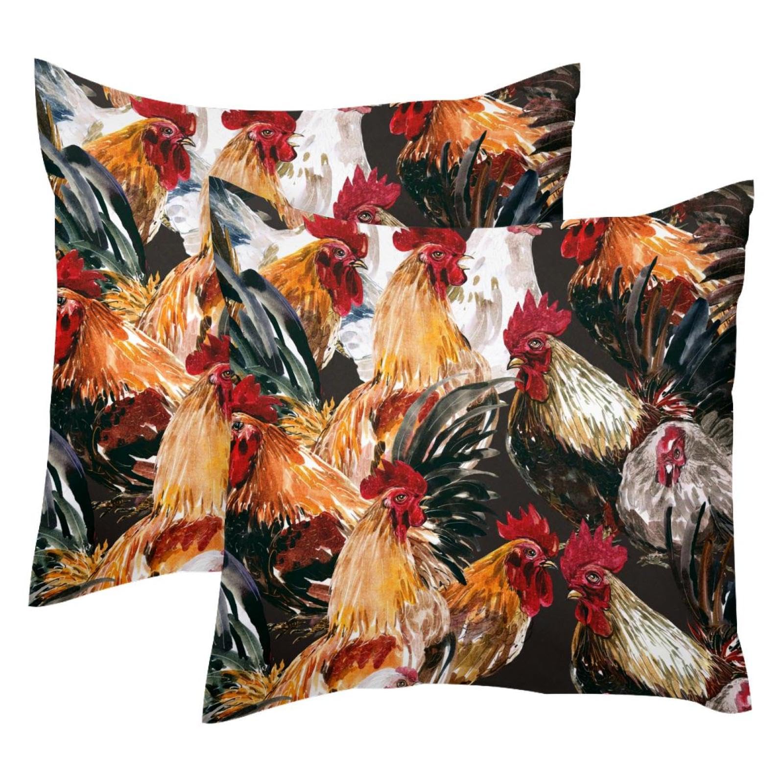 Housse de coussin en velours motif poulet aquarelle 50x50 cm (Lot de 2)