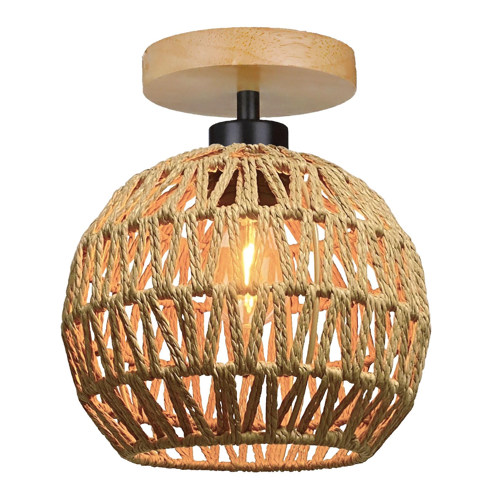 YIKEGE LICHT Deckenlampe Holz Boho Rattan Lampe Decke Deckenleuchte Flurlampe Schlafzimmerlampe Hängend Klein Kugel Lampenschirm Vintage Hängelampe Badlampe Wandlampe für Bad Küche Schlafzimmer Flur