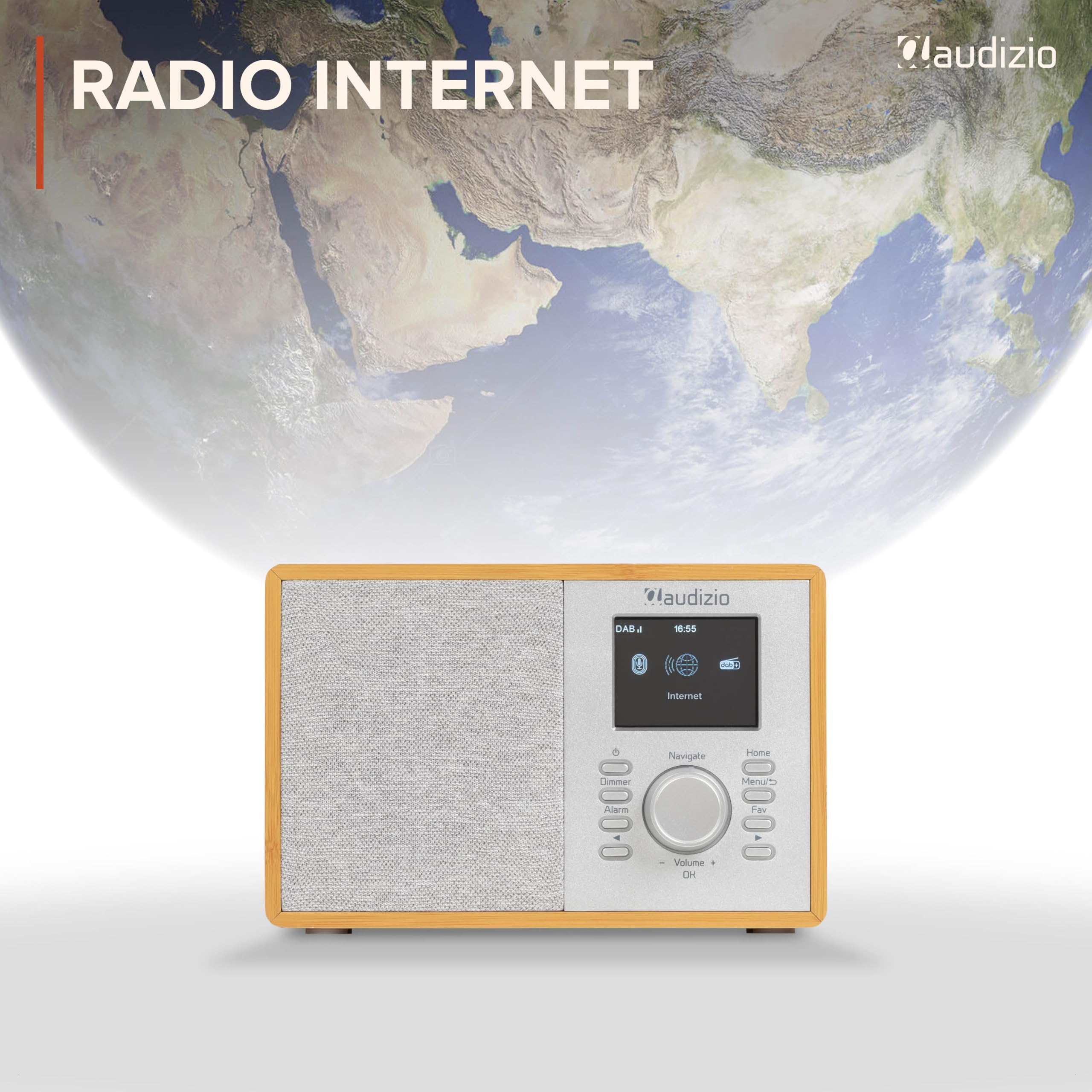 Audizio Cosa Radio Internet Wi-FI Dab+ FM BT 5.2 Bambou, Radio Numérique Compacte 30 W avec Écran Couleur 2,4", Plus de 32 000 Stations, Réveil, Entrée AUX et Sortie Casque