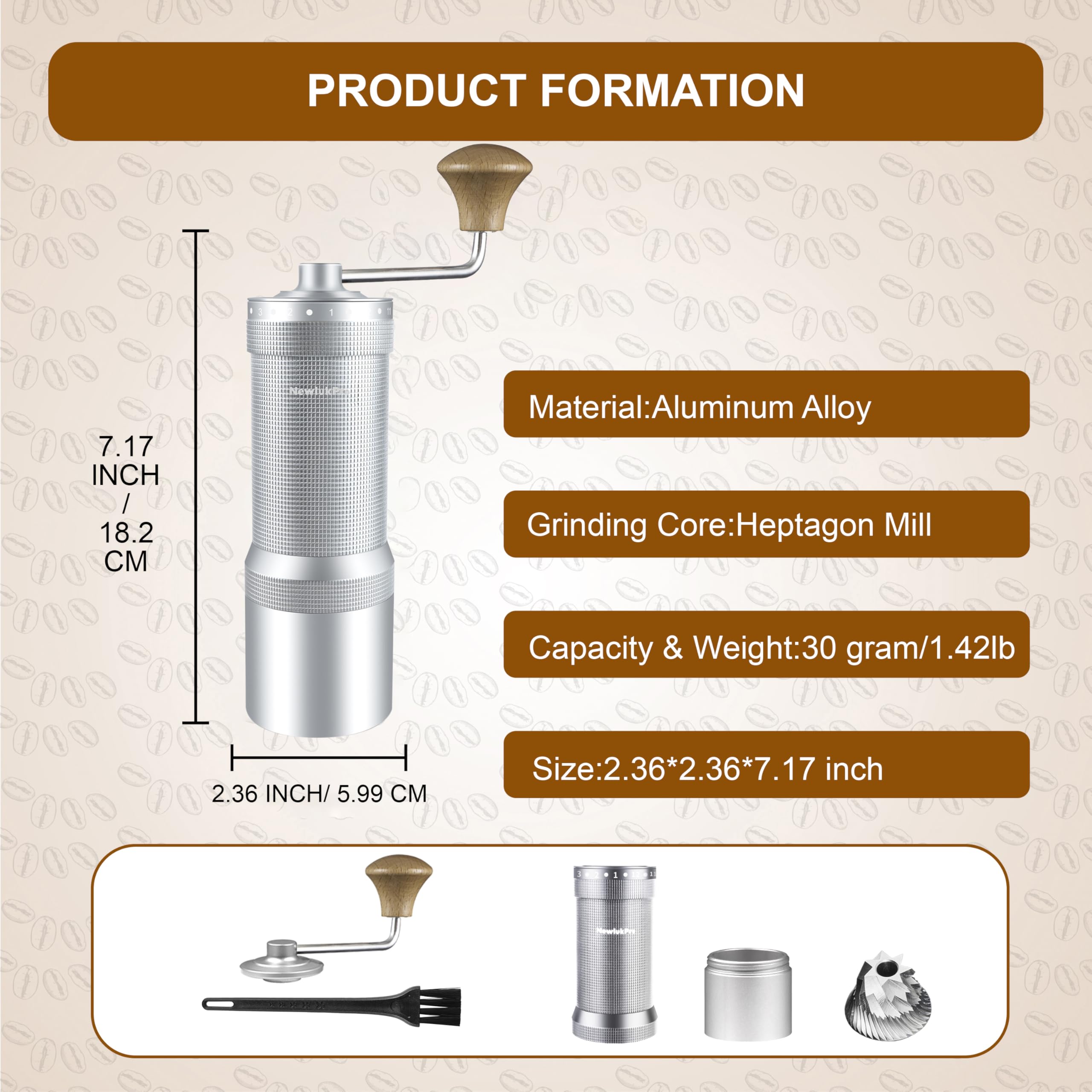 Molino de café newlukpro m7 manual, aforo 35g, afilado Burr de siete segmentos, 48 ajustes de molienda externos, para molino de café manual vertido sobre espresso francés