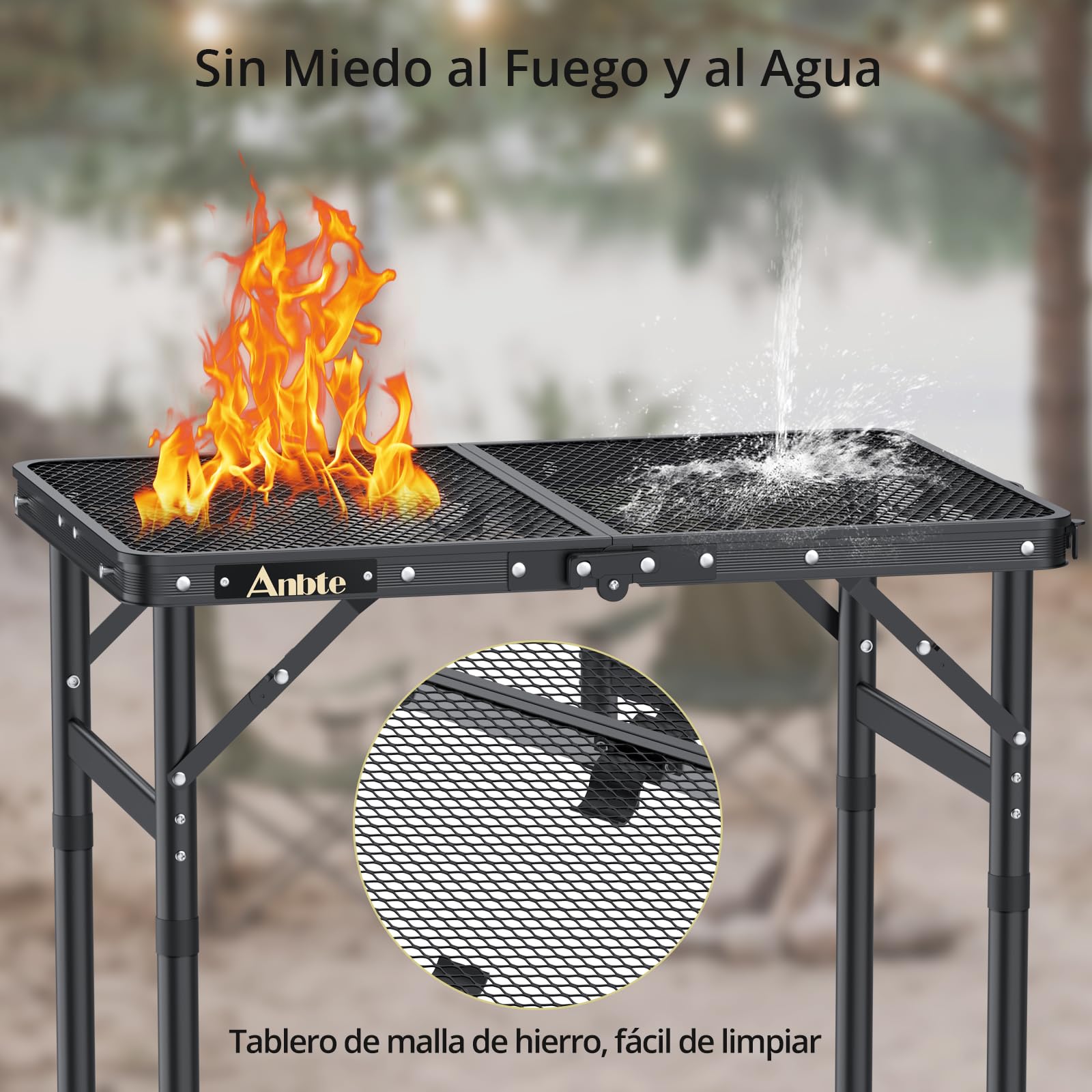 Anbte Mesa Plegable Camping 58 x 40 x 26-48-70cm, Mesa Exterior BBQ Portátil de Malla Metálica Impermeable 3 Altura Ajustable para Exterior/Barbacoa/Jardín/Playa Color Negro