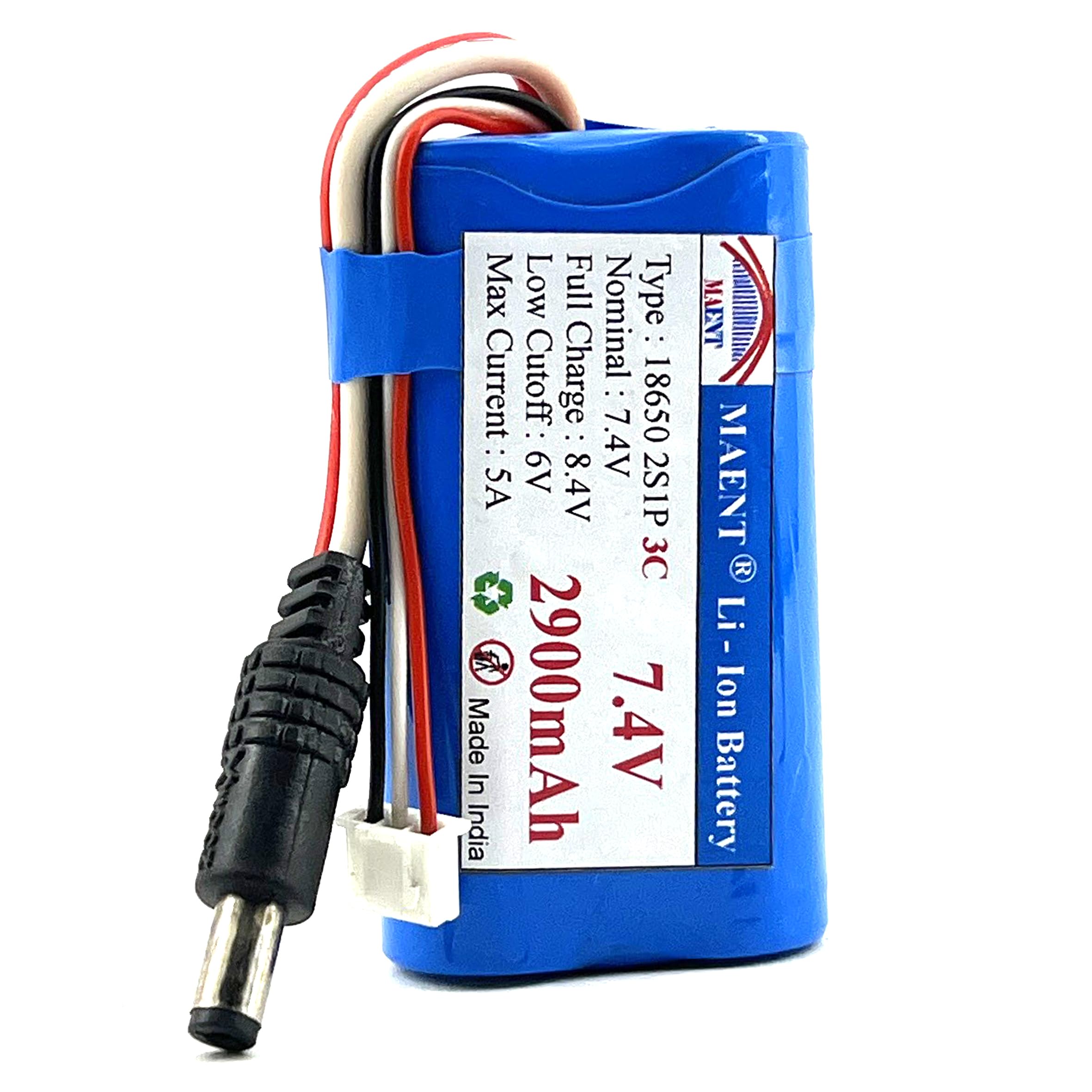 MAENT® 7.4V 18650 Lithium ion Rechargeable Battery 2S1P with JST PH2.54 DC Plug Balance 8.4V for Electronics Toys Lighting Equipment DIY Robotics GPS MP4 Tablet - 3C Rated (DC + Balance, 2900 mah)