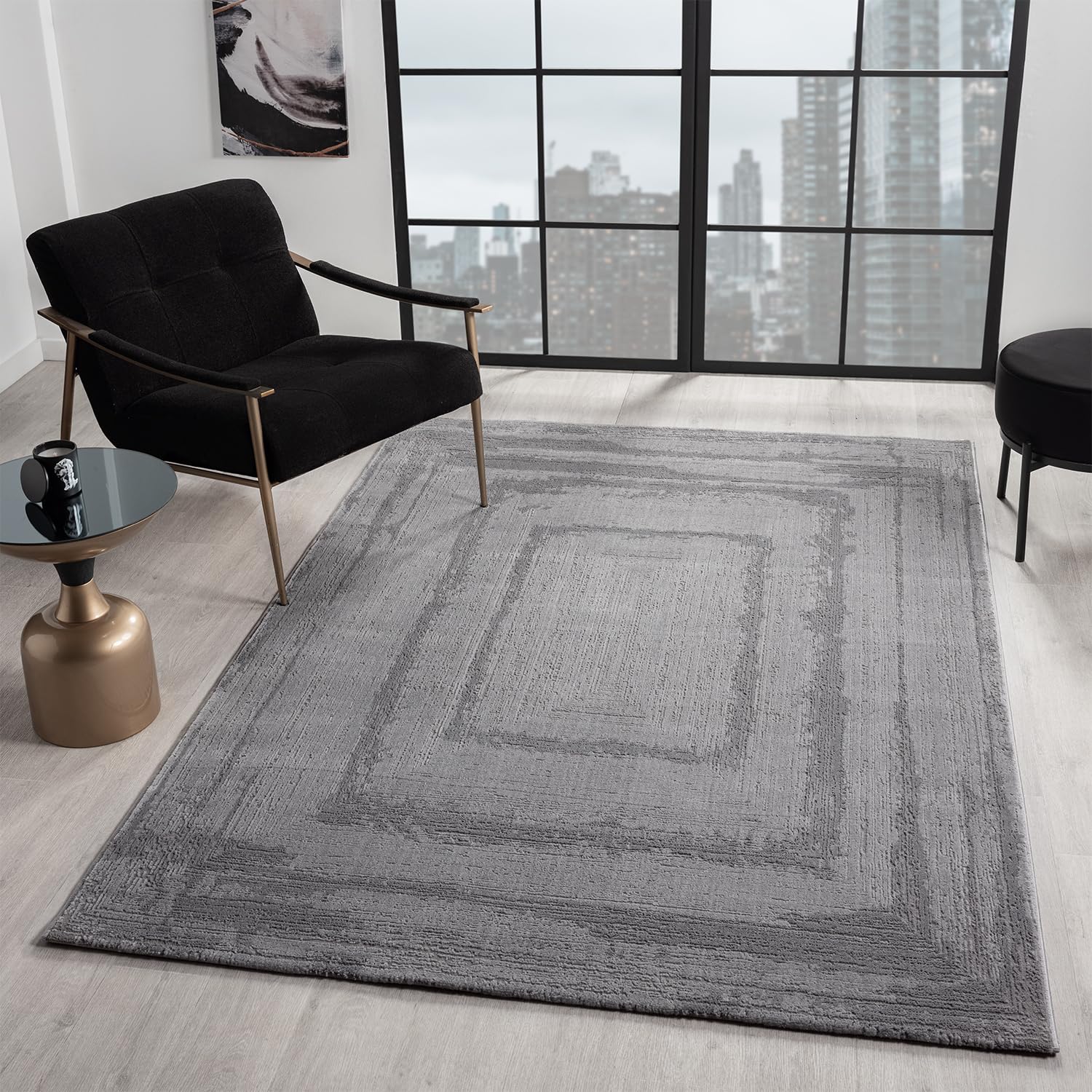VIMODA Teppich Wohnzimmer Schlafzimmer Modern Hoch&Tief Bordüre Qualitativ 3D Effekt,Farbe:Grau;Maße:240x330 cm