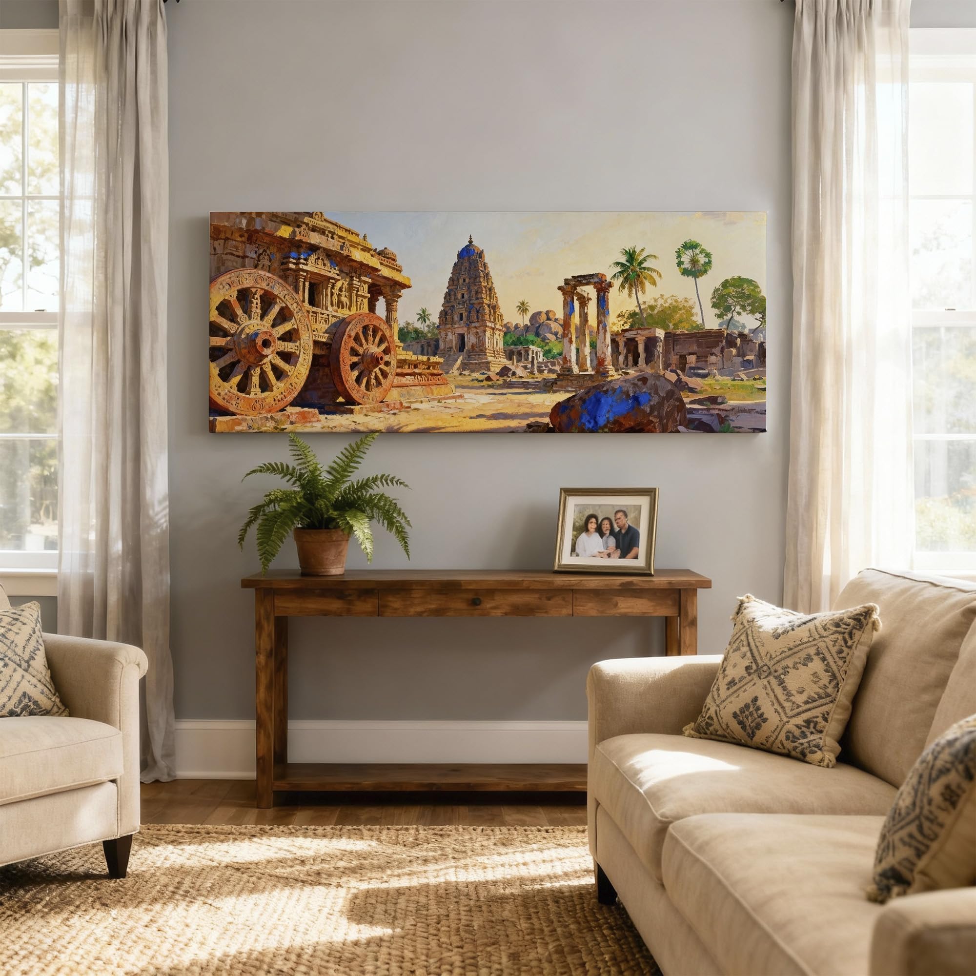 SoulAbiti Hampi Ruins & Stone Chariot Unframed 36x14 inches Rolled Canvas Wall Expressionism Art UV Print Painting for Living Room, Bedroom & Office Decor Premium Gloss Vivid Fade-Resistant Print 3