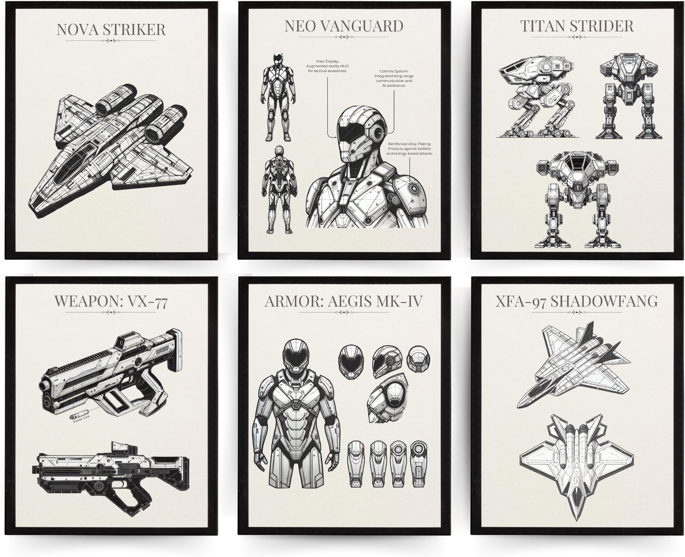 InkFlow 6-Piece Sci-Fi Patent Poster Set - Spaceships, Fighter Jets & Armored Walkers - Fantasy Art for Living Room, Kid's Room, or Home Office Wall Decor - 8x10 UNFRAMED Wall Art