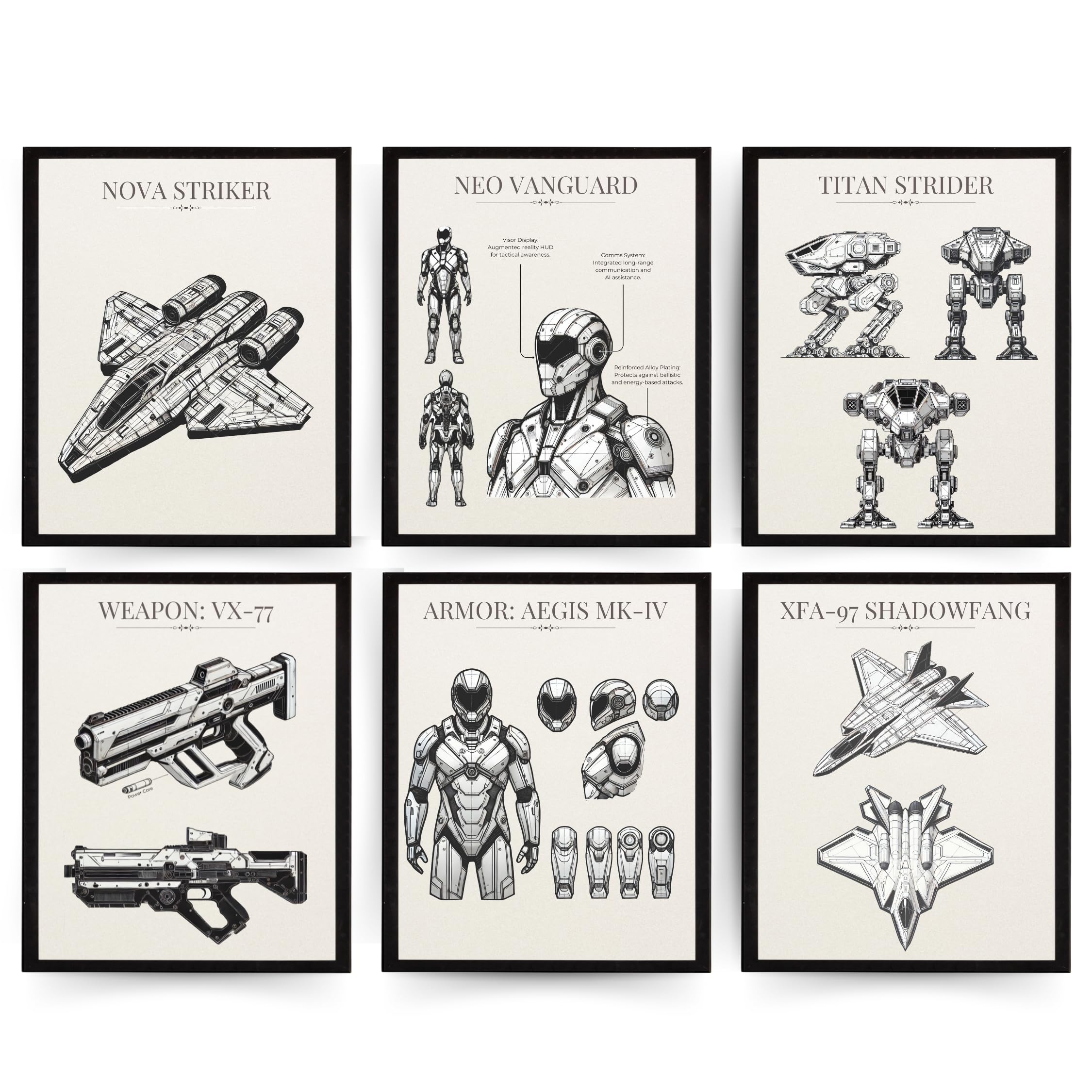 InkFlow 6-Piece Sci-Fi Patent Poster Set - Spaceships, Fighter Jets & Armored Walkers - Fantasy Art for Living Room, Kid's Room, or Home Office Wall Decor - 8x10 UNFRAMED Wall Art