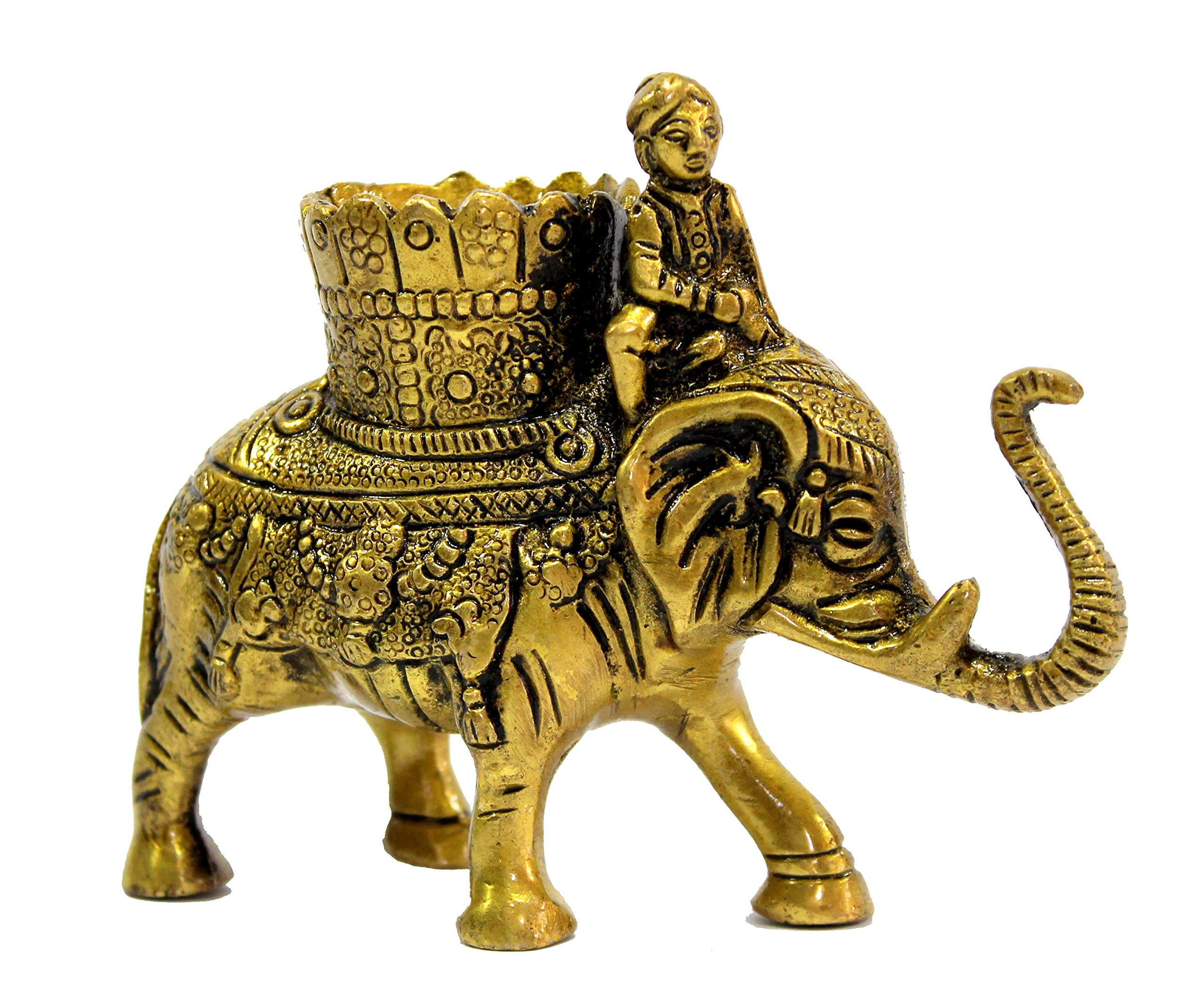 eSplanade Brass Elephant | Handmade Laxmi Ganesh Carving Maharaja Elephant Idol for Decoration (TMP/2160_BrassElephantPenHolder)