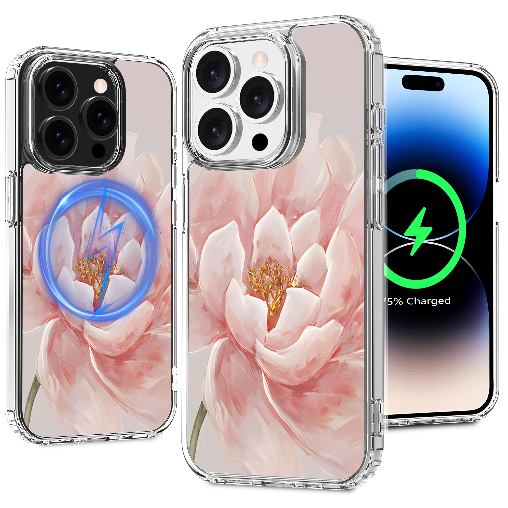 LORYVAN Magnetic Clear Case for iPhone 14 Pro Max, Flower Printing Pattern Design for Women Girls Shockproof Floral Protective Case, Compatible with