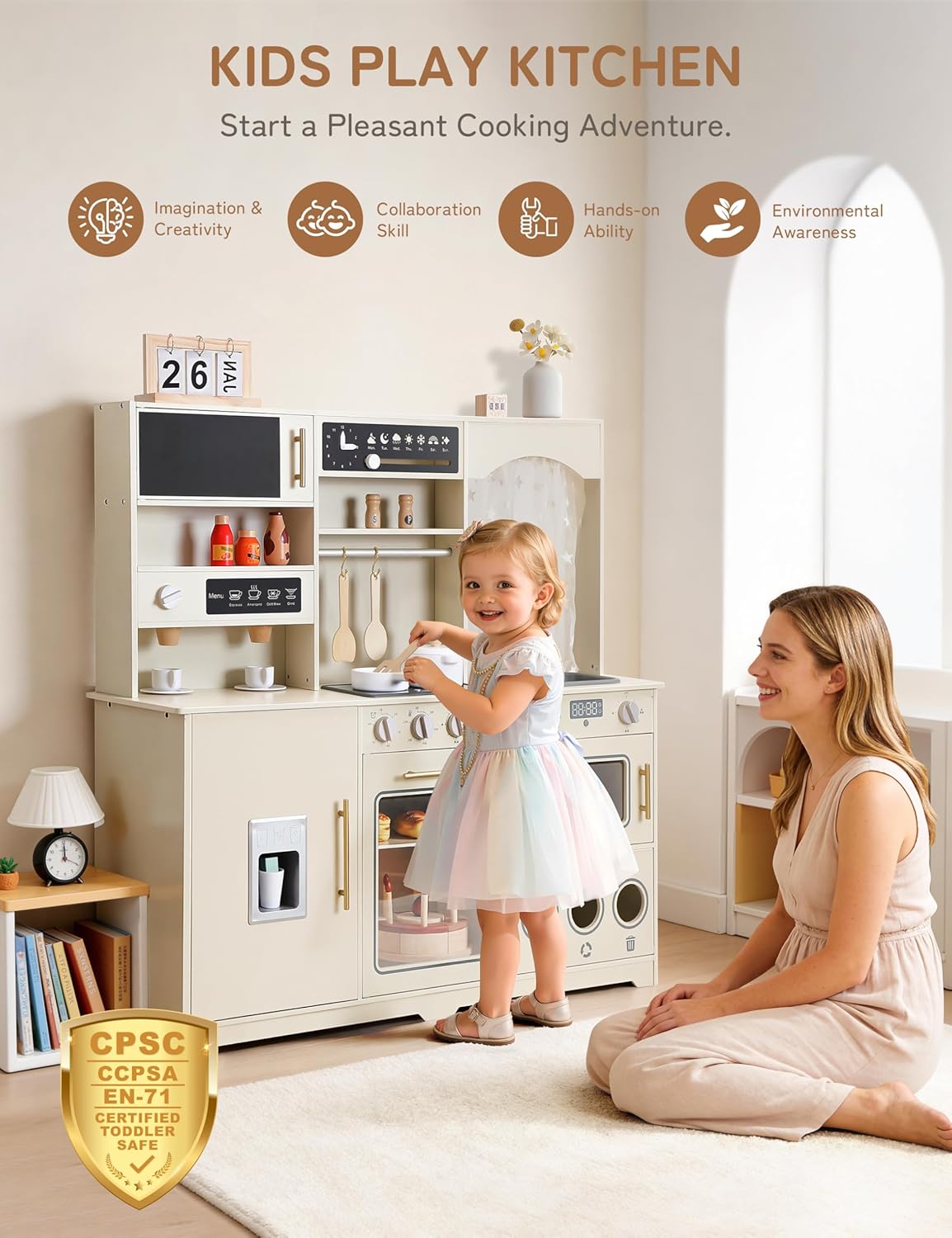besrey Play Kitchen for Kids, Wooden Kids Play Kitchen Playset with Real Lights & Sounds, Toddler Toy Kitchen with Fun Cookware Accessories, Pretend Play Kitchen Gift for Age 3+