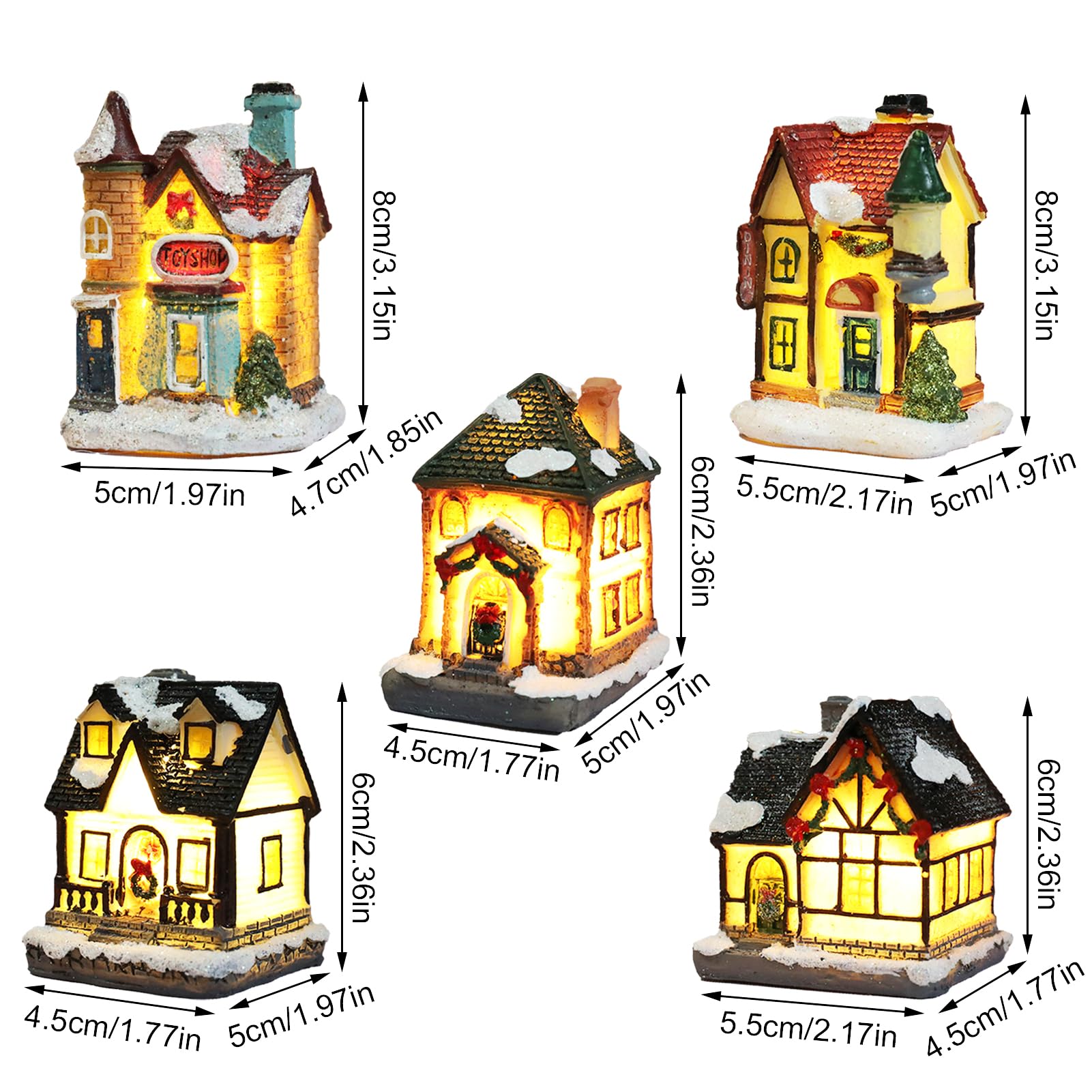 5Pcs Christmas House Village Sets Decor Resin Figurines Small Ornaments Light Up for Home