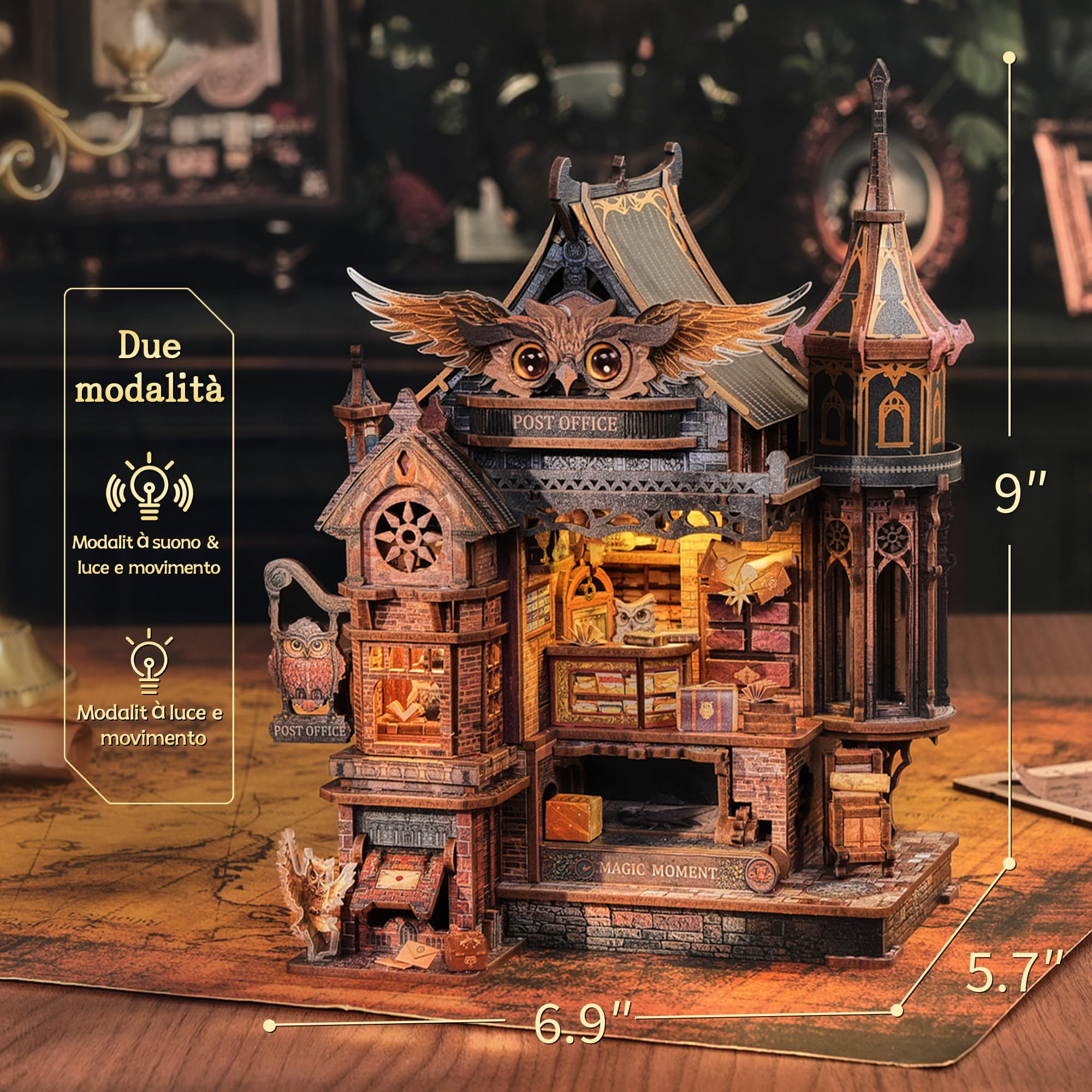 FUNPOLA Puzzle 3D in legno con LED Ufficio Postale del Gufo – Modello dinamico con ingranaggi meccanici, kit miniatura DIY con musica e luci LED, regalo decorativo per adulti e ragazzi