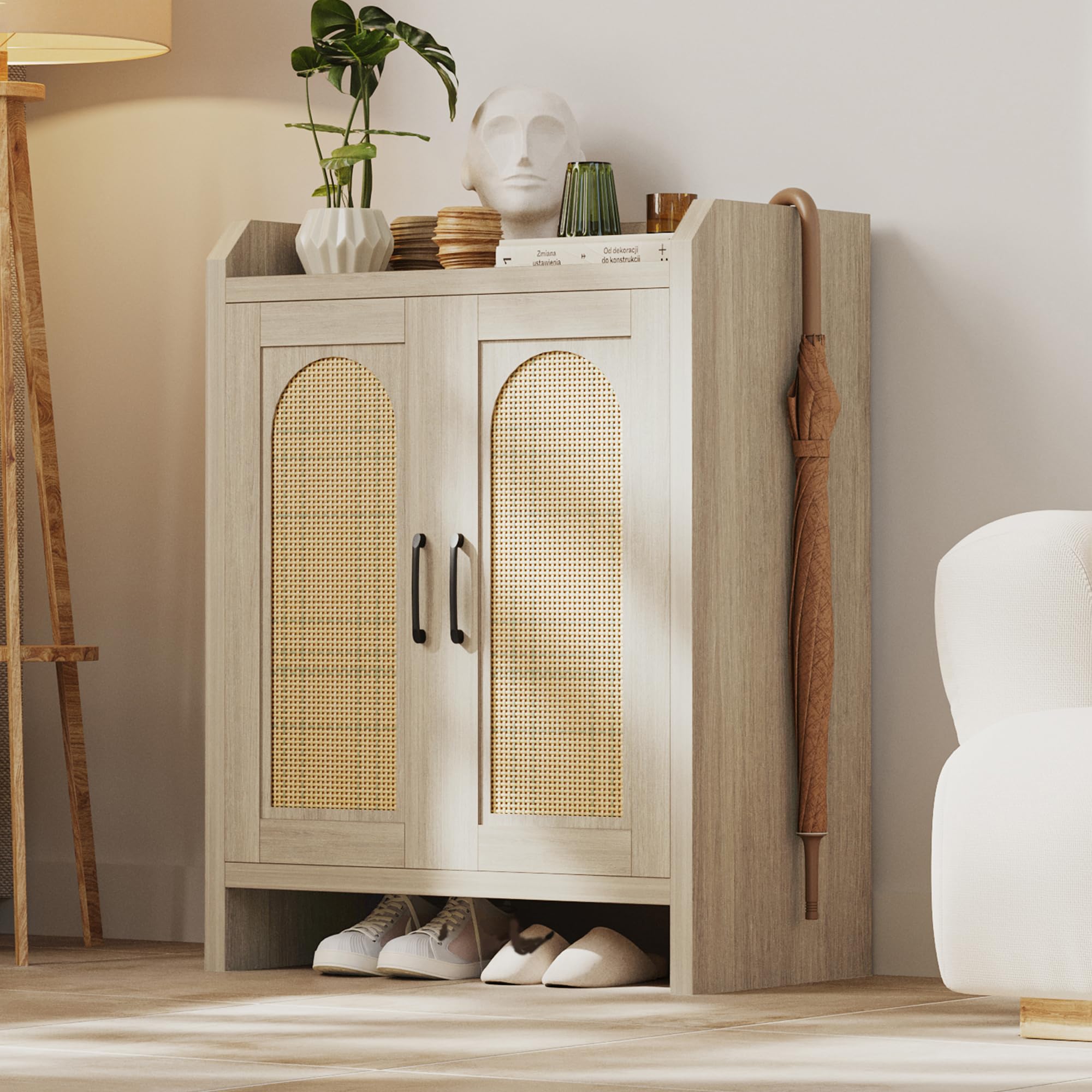 Mericonia Shoe Cabinet Storage for Entryway, Rattan Storage Cabinet, Wooden Shoe Rack with Doors, Farmhouse Boho Wood Shoe Organizer Cabinet for Hallway (Oak)