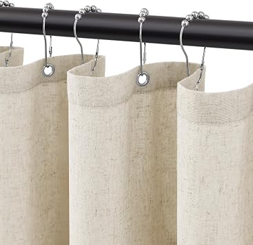 Jowels Natural Linen Fabric Shower Curtains for Bathroom, 72x78 | Long Size, Cream Linen Shower Curtains Set, Waterproof Washable Weighted Textile, Metal Hooks, Hotel Boho Farmhouse Decor