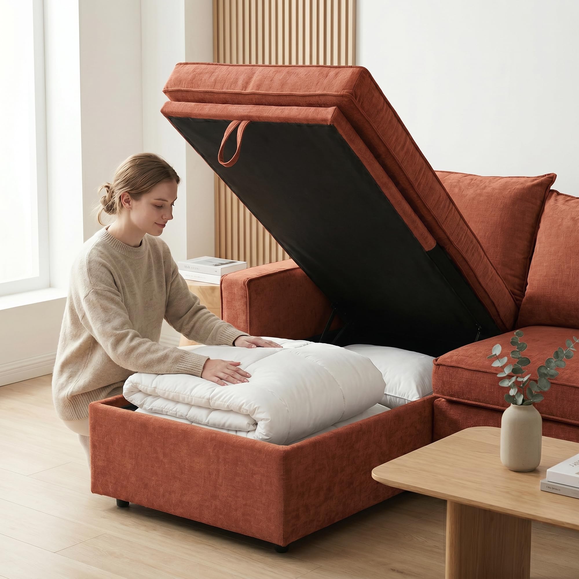 HIPIHOM 205 cm Sofa mit Schlaffunktion – Schlafsofa mit Bettkasten, Ecksofa umwandelbare ausziehbare Couch für kleine Räume, 3-in-1-Design, Plüschkissen L-förmiges Schlafsofa (Rot) Küche, Haushalt & Wohnen