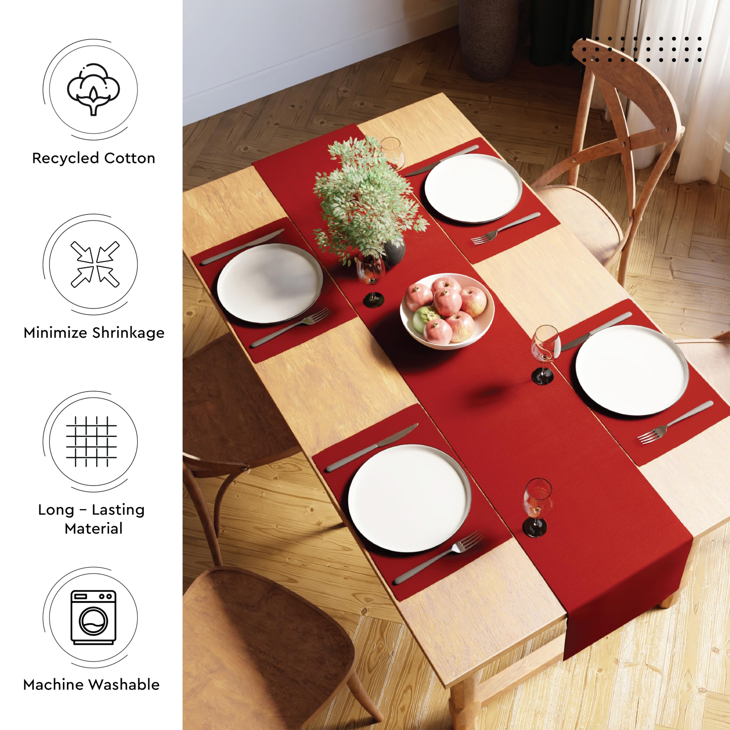 Encasa Huizen Geribbelde Tafelloper voor 6-zits Eettafel - Massief Rood, gemaakt van fijn katoen 33x200 cm, voor thuis, cafés, restaurants en hotels - wasbaar in de machine