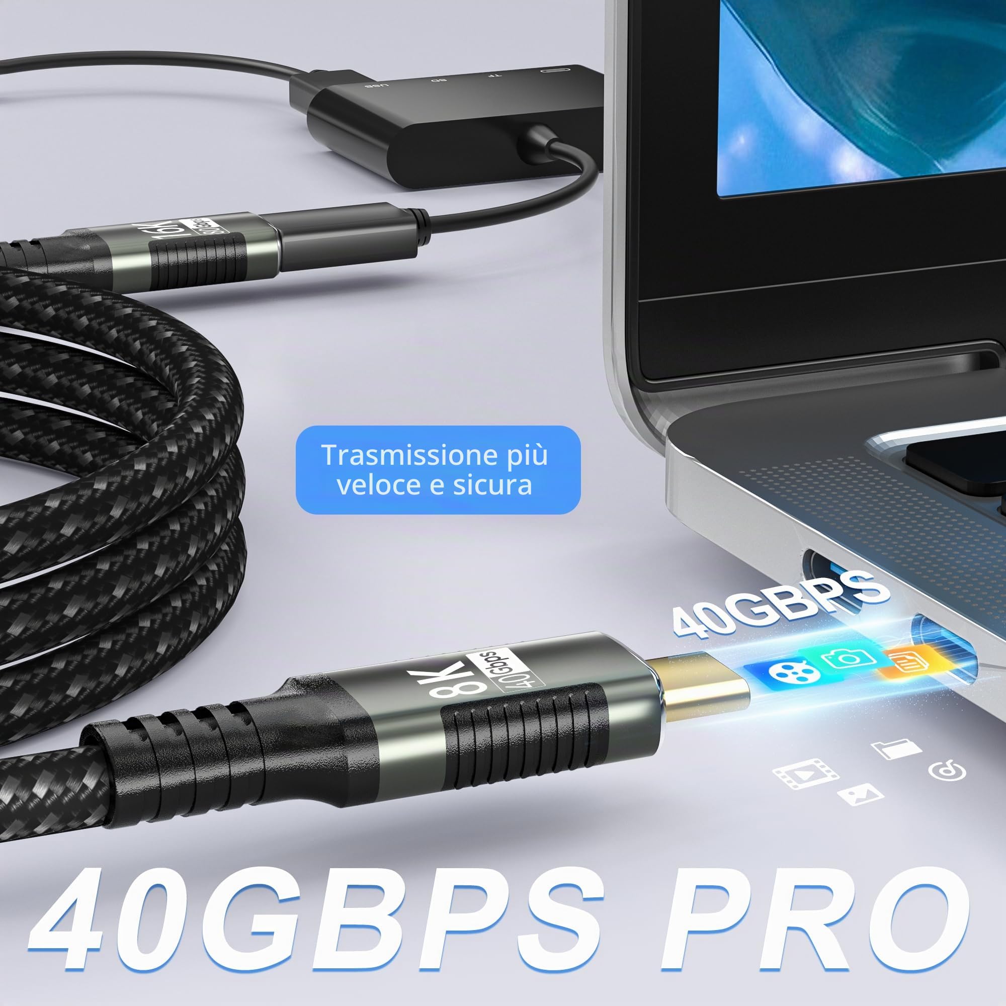 prolunga usbc lungo 3 m,extension usb5 40Gpbs compatibile con prolunga thunderbolt 5,8K@120Hz/4K@60Hz type c femmina maschio 240W Ricarica rapida per Thunderbolt 4/3,USB 4/3, SSD eGPU.