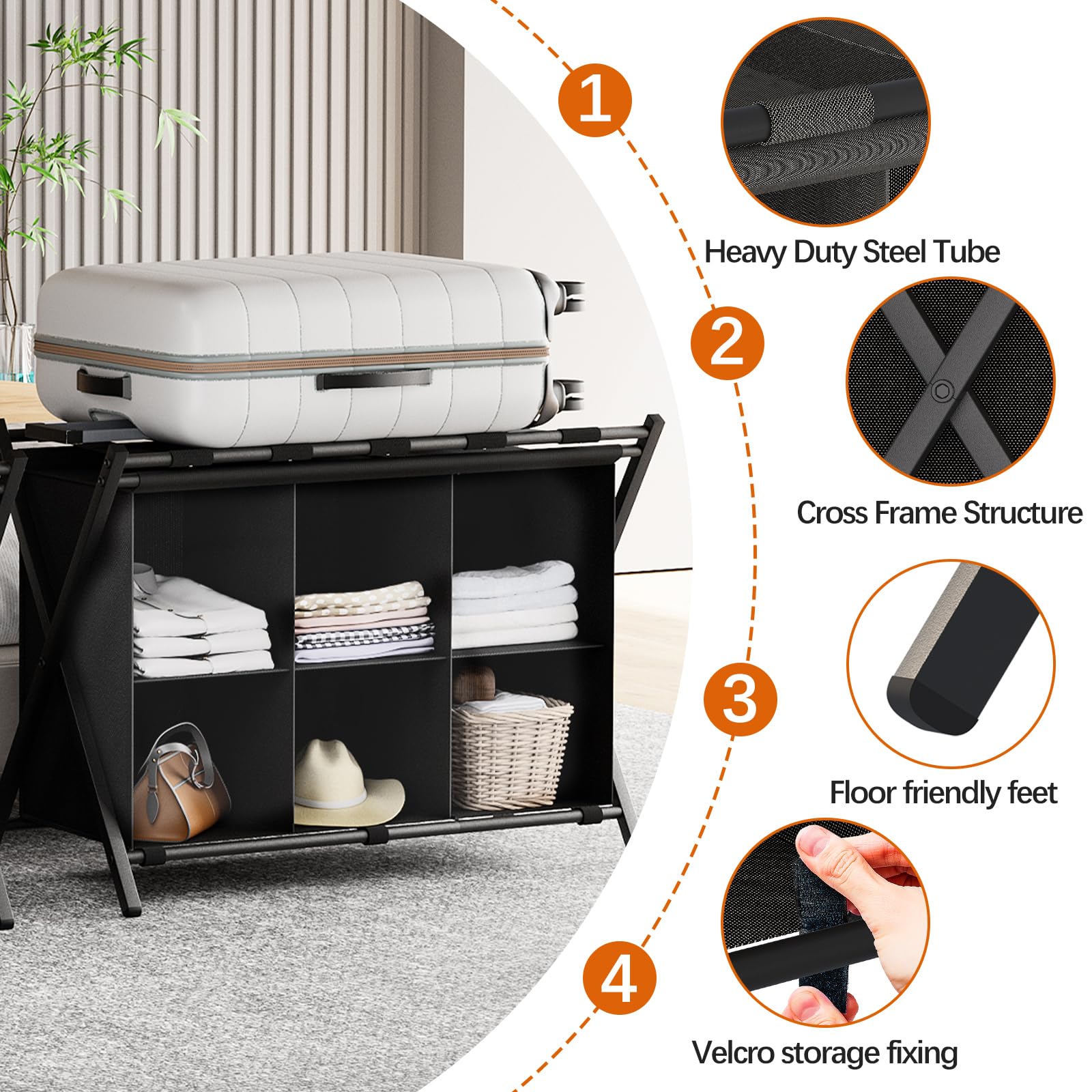 Portapacchi con contenitore, supporto pieghevole in metallo per valigie con 6 ripiani cubici in tessuto, portabagagli portatile, a 2 livelli, per camera da letto, casa, hotel, nero