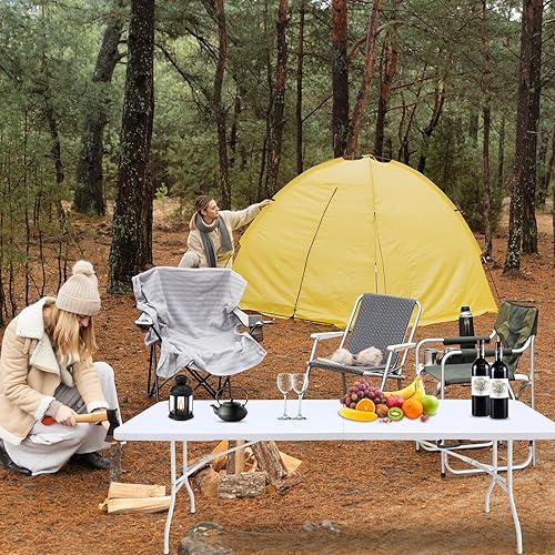 Miniatura 7 de Mesa plegable portátil de plástico de 4 pies/6 pies/8 pies, mesa de picnic y comedor de alta resistencia, color blanco y negro, plegable a la mitad