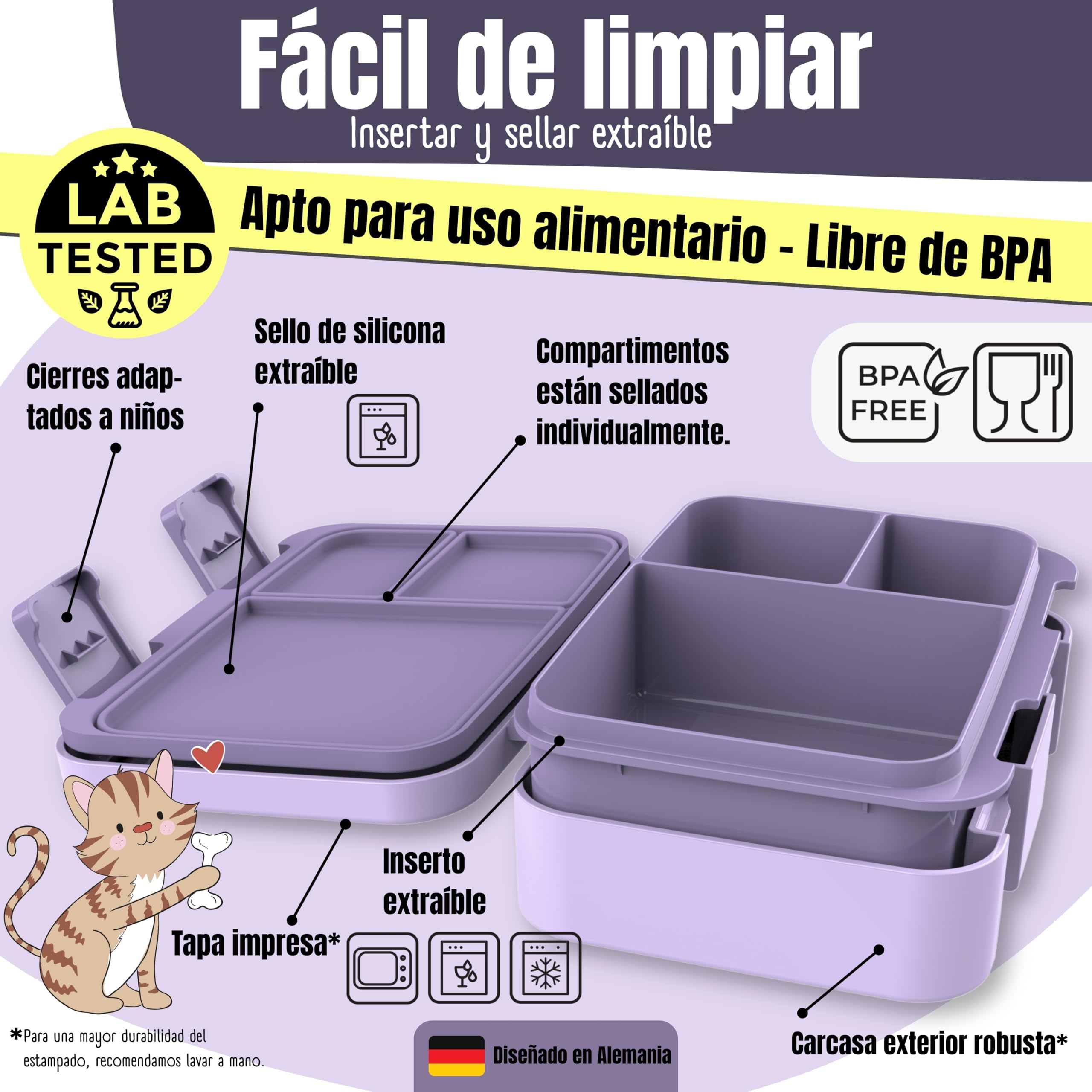 BEARFOOT – Fiambrera Infantil Compacta, Bento Box para Niños sin BPA, Lonchera con Compartimentos para Colegio y Guardería, Ligera y Hermética (Sirena Morado, 650 ml)
