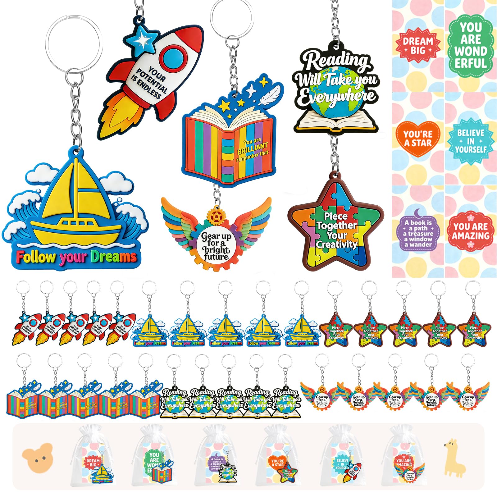 Putfoka Multicolor 30 Pack End Of Term Gifts For Children, School Leavers Gifts For Students From Teachers, End Of Year Class Gift For 30 Children With Keyrings & Cards & Gift Bags, Class Gift From Teacher To Students