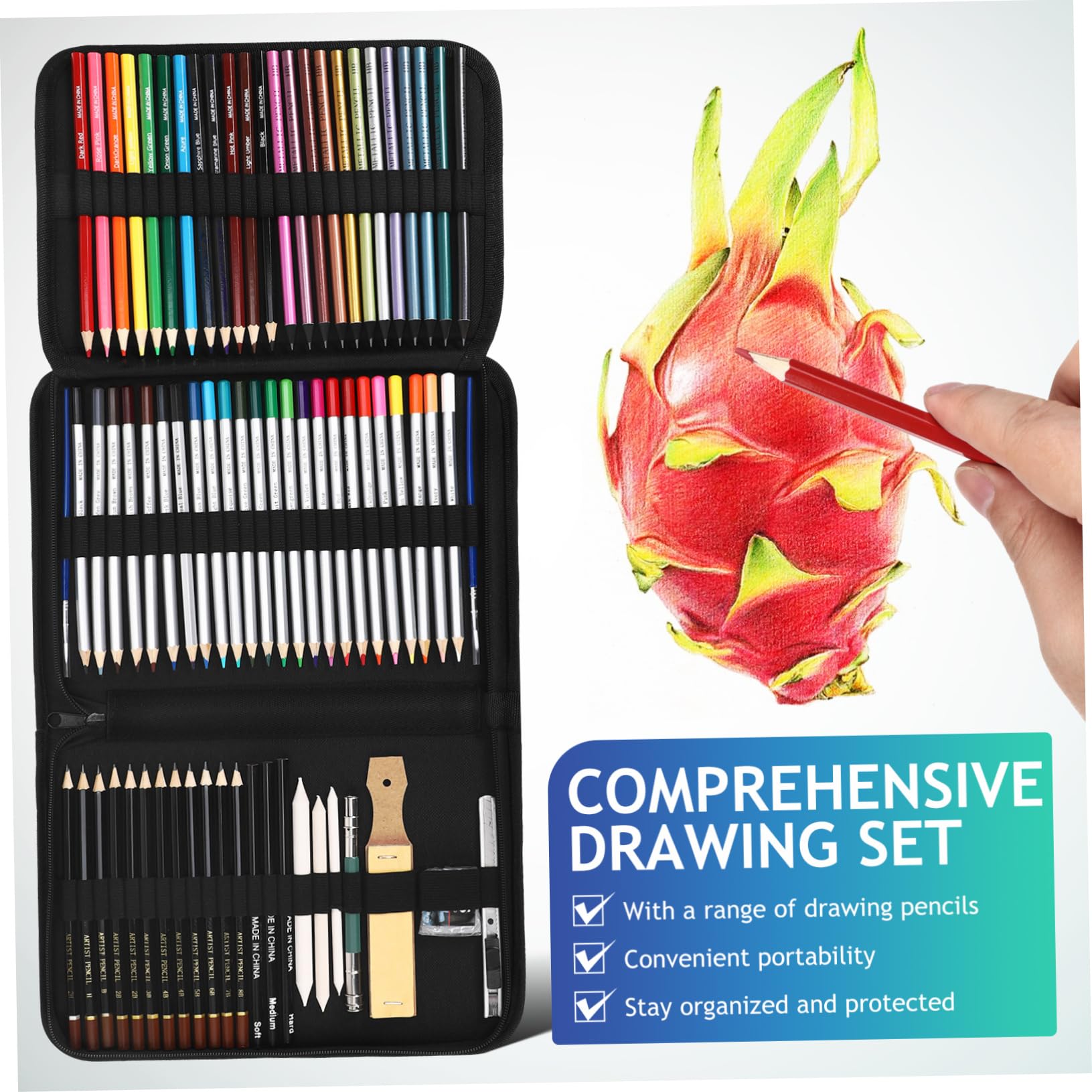 DIYEAH Coffret Crayons de Couleur Solubles à L'eau en Bois Pochette Zippée, Rallonge et Gomme, Ensemble Complet pour Croquis en Plein Air et Ombrage Artistique