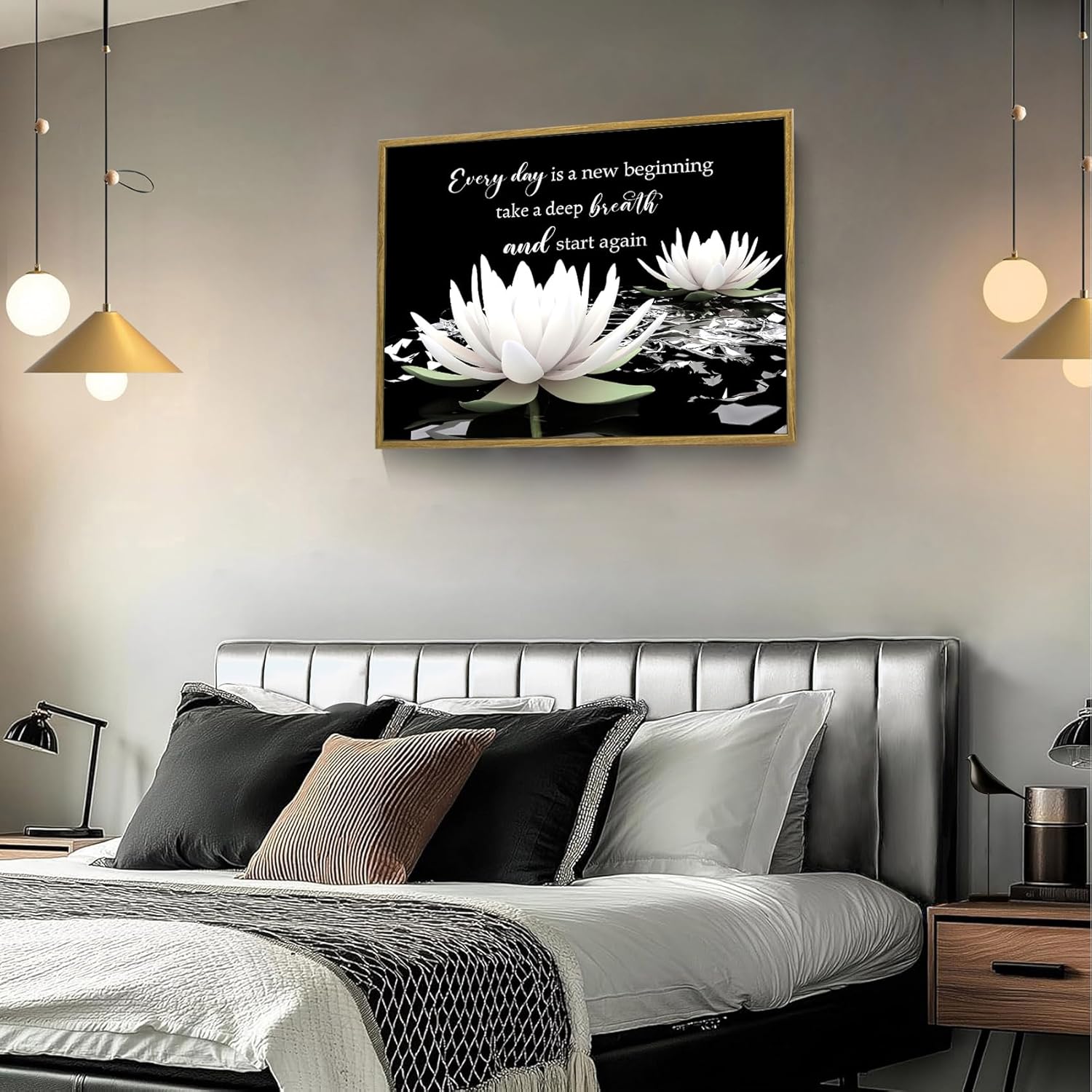 SCECALA Black and White Floral Framed Wall Art Inspirational Quotes and Water Lily Wall Art for Living Room Zen Spa Canvas Wall Decor for Bedroom Bathroom Home Office Ready to Hang 12L x 17W Inch