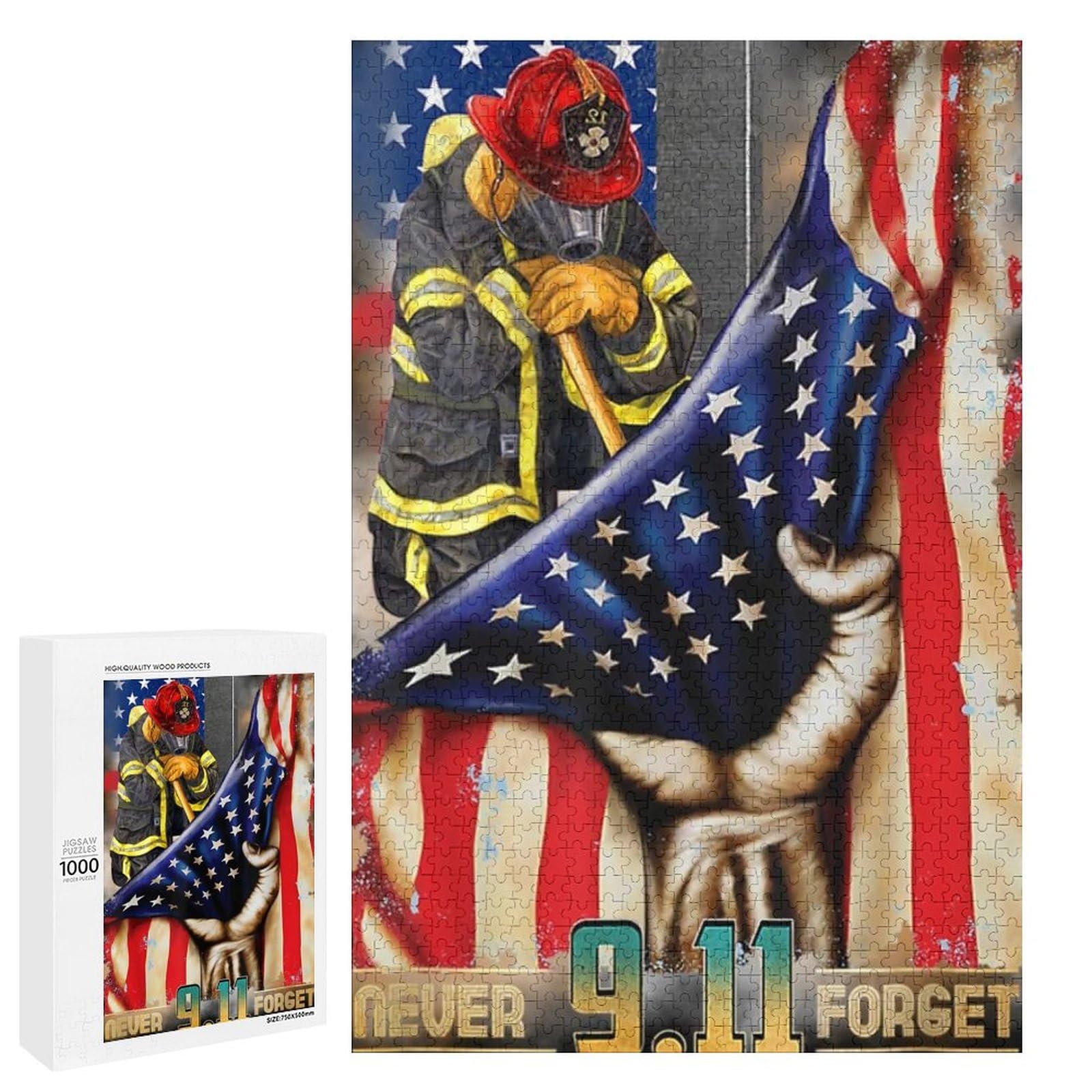 Jigsaw Puzzles for Adults Never Forget New York Firefighter th Memorial Day 1000 Pieces Wooden Jigsaw Puzzle for Adults and Kids Educational Puzzle Decorations Gift, Style-1