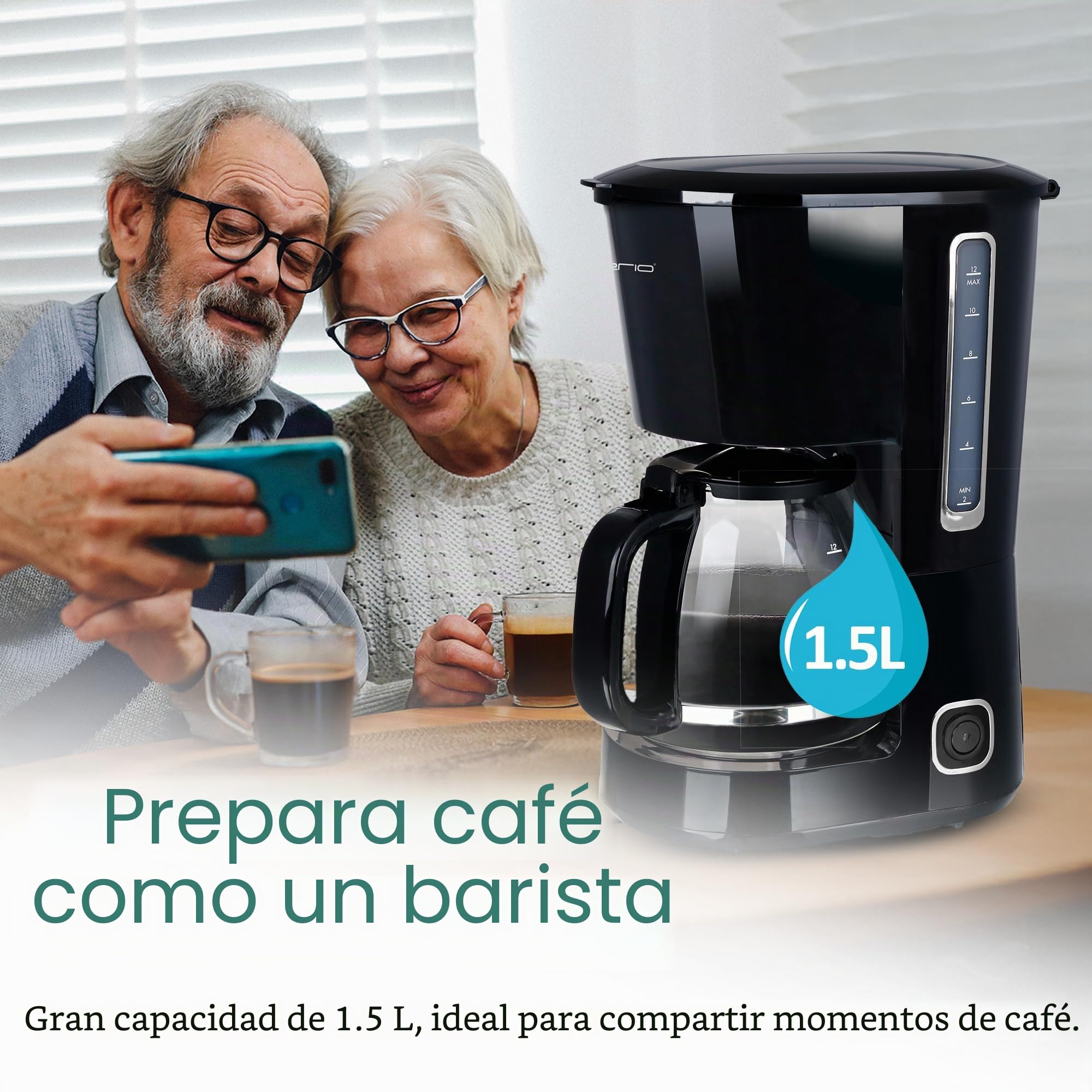 Emerio Cafetera de filtro grande, jarra de cristal de 1,5 l para hasta 12 tazas de café fresco, filtro permanente extraíble, función antigoteo, 40 minutos de apagado automático, 750 W