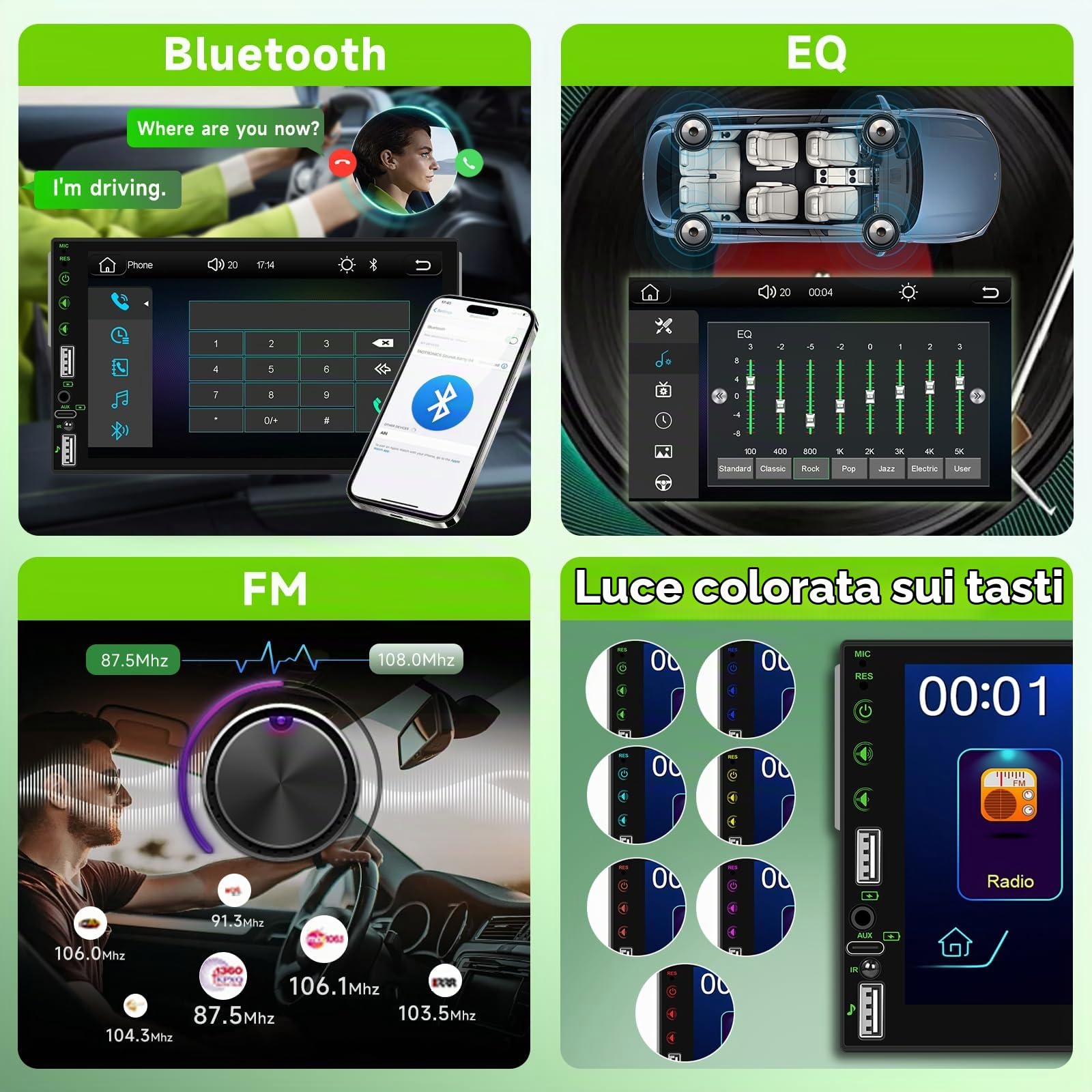 Hodozzy Autoradio 1 Din Wireless Carplay Android Auto, Schermo 7 Pollici Touch Screen Radio Auto 1 Din con Bluetooth, Riproduzione Video Online, Radio FM, EQ, SWC, Mirror Link, USB/Type-C+ Telecamera