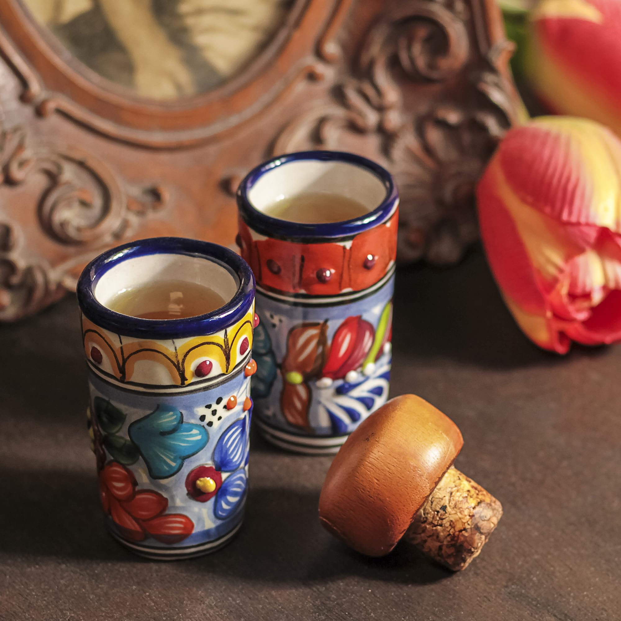 Talavera Lot de 4 verres à shot mexicains authentiques à tequila - Peints à la main - 60 ml (Talavera coloré)