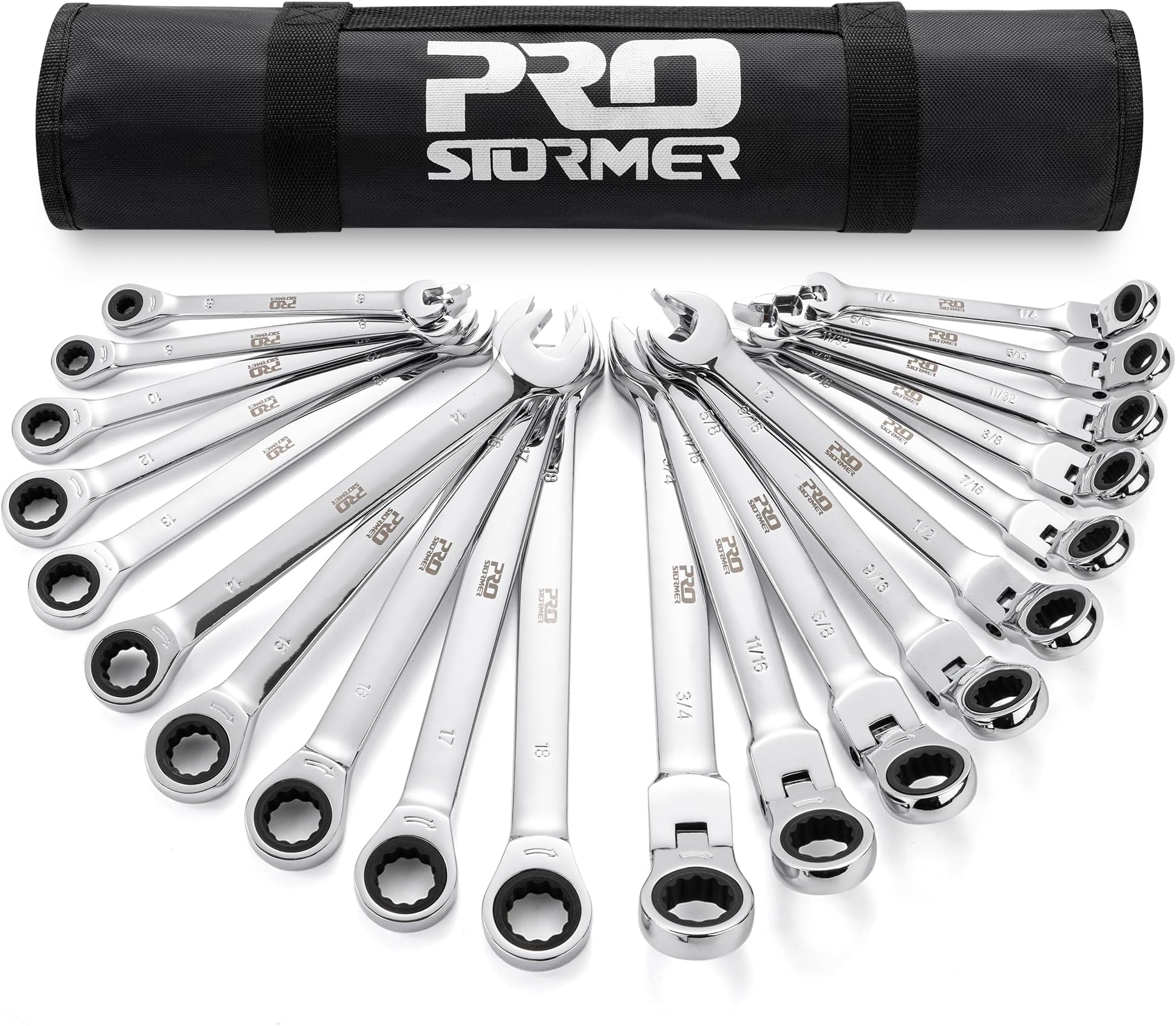 Ratcheting Combination Wrench Set, 20-Piece SAE & Metric Wrench Kit with Pouch, 72-Tooth, Cr-V Steel, 10Pcs Flex-Head 1/4" to 3/4" & 10Pcs Fixed Head 6-18mm