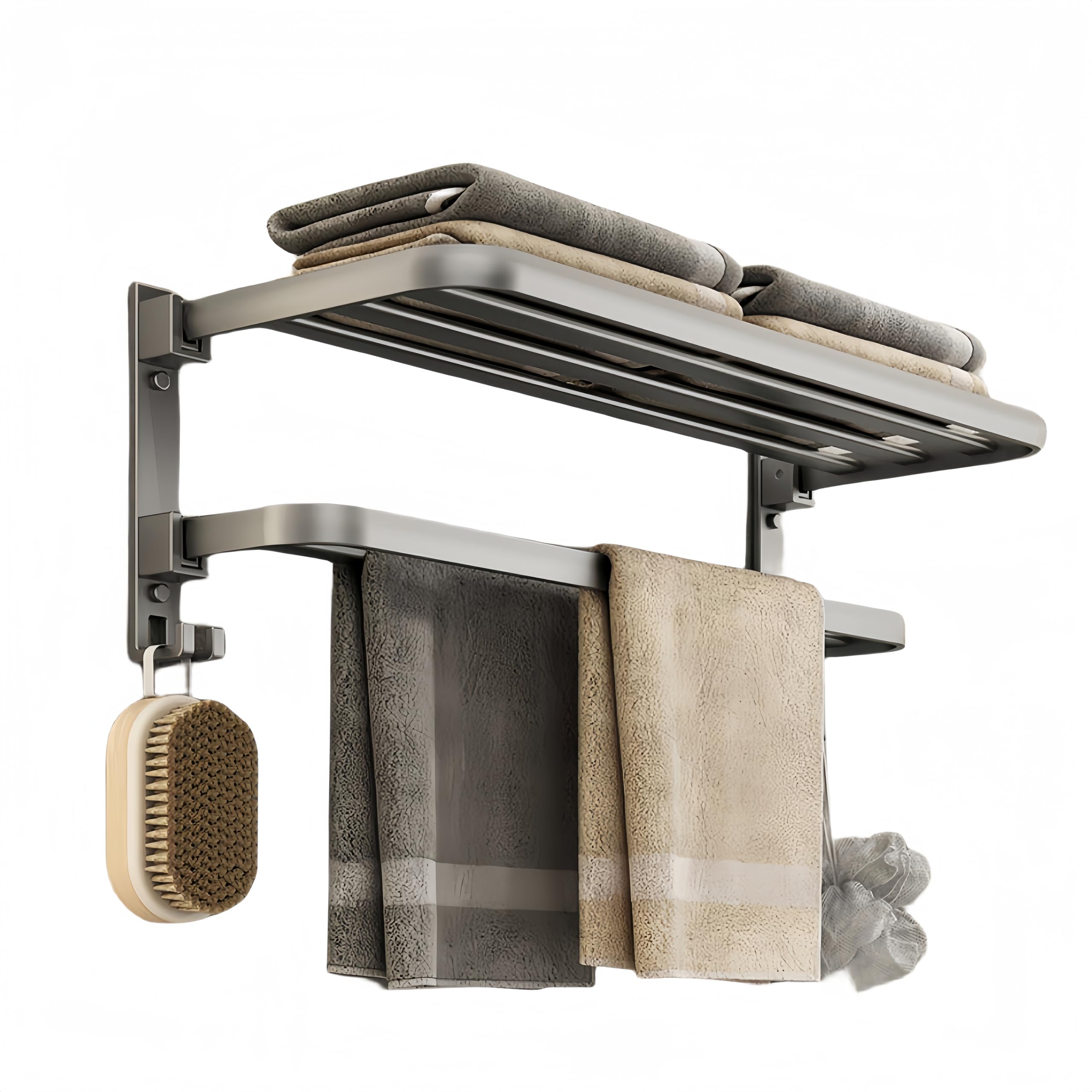 Lanlord Bathroom Towel Rack with Towel Tod and Hook, 20 Inch Foldable Towel Holder, Wall Mounted Toilet Towel Bar, Modern Gray Finish